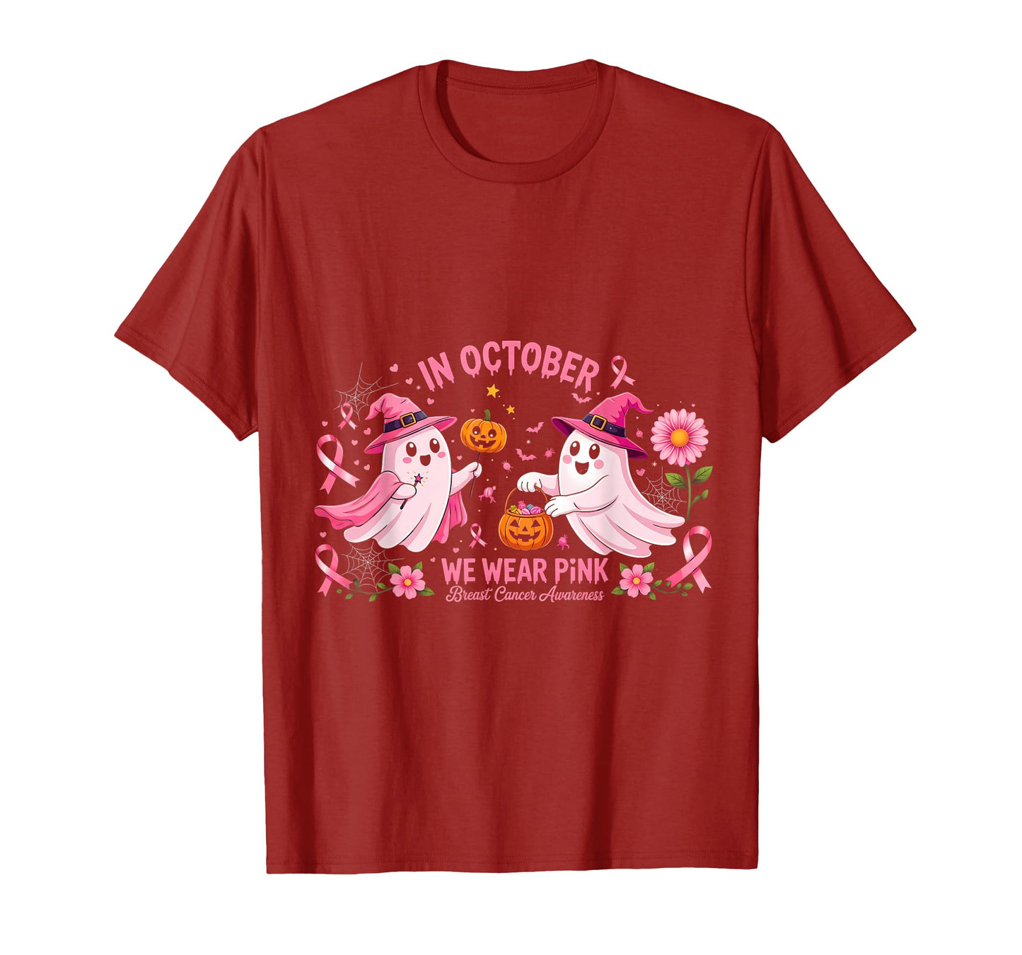 in October We Wear Pink Ghost Witch Breast Cancer Awareness T-Shirt
