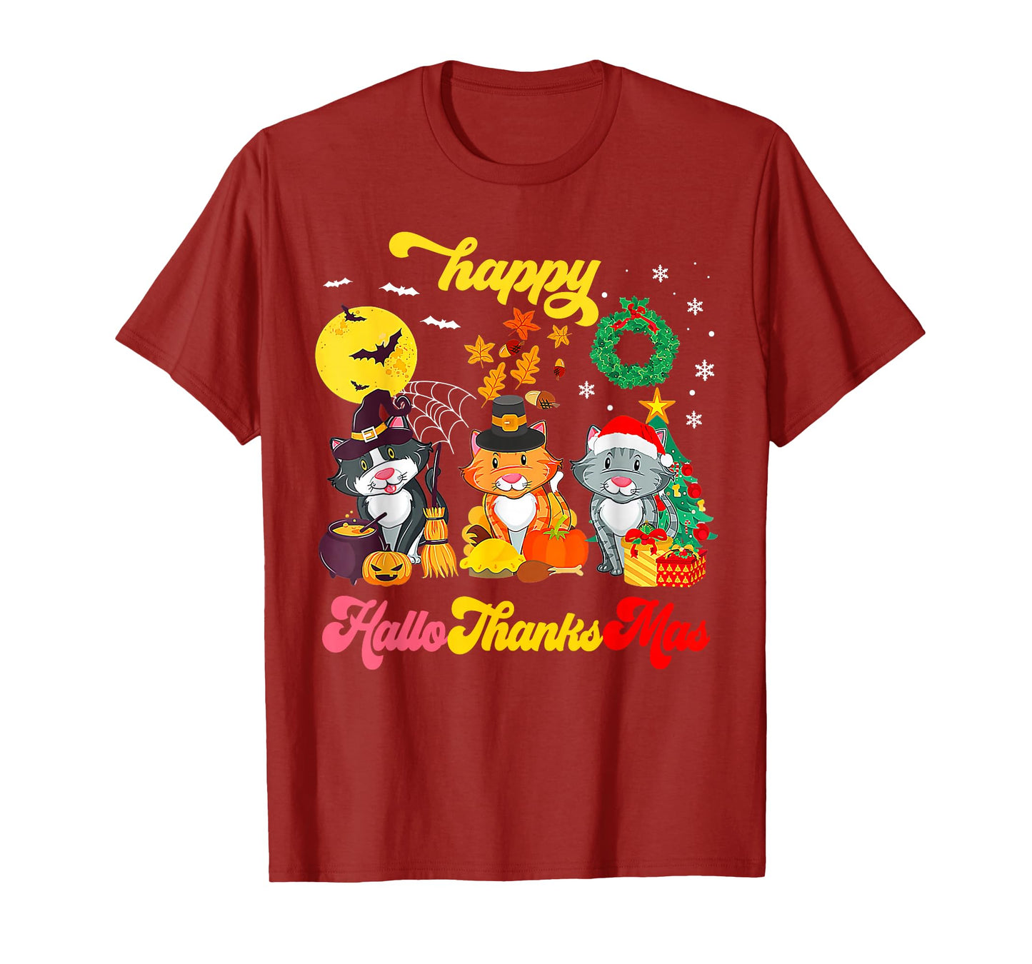 Cat Halloween Christmas Happy Hallothanksmas Thanksgiving T-Shirt