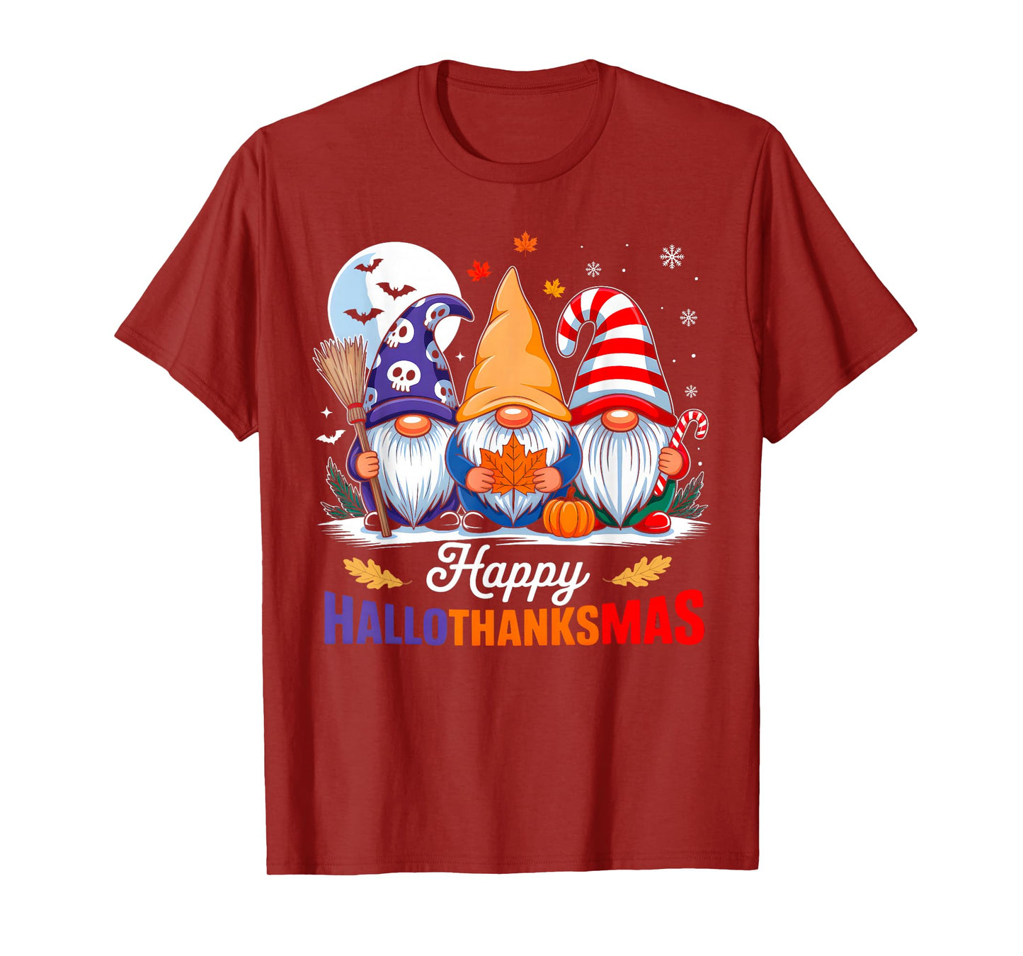 Happy Hallothanksmas Gnomes Halloween Thanksgiving Christmas T-Shirt