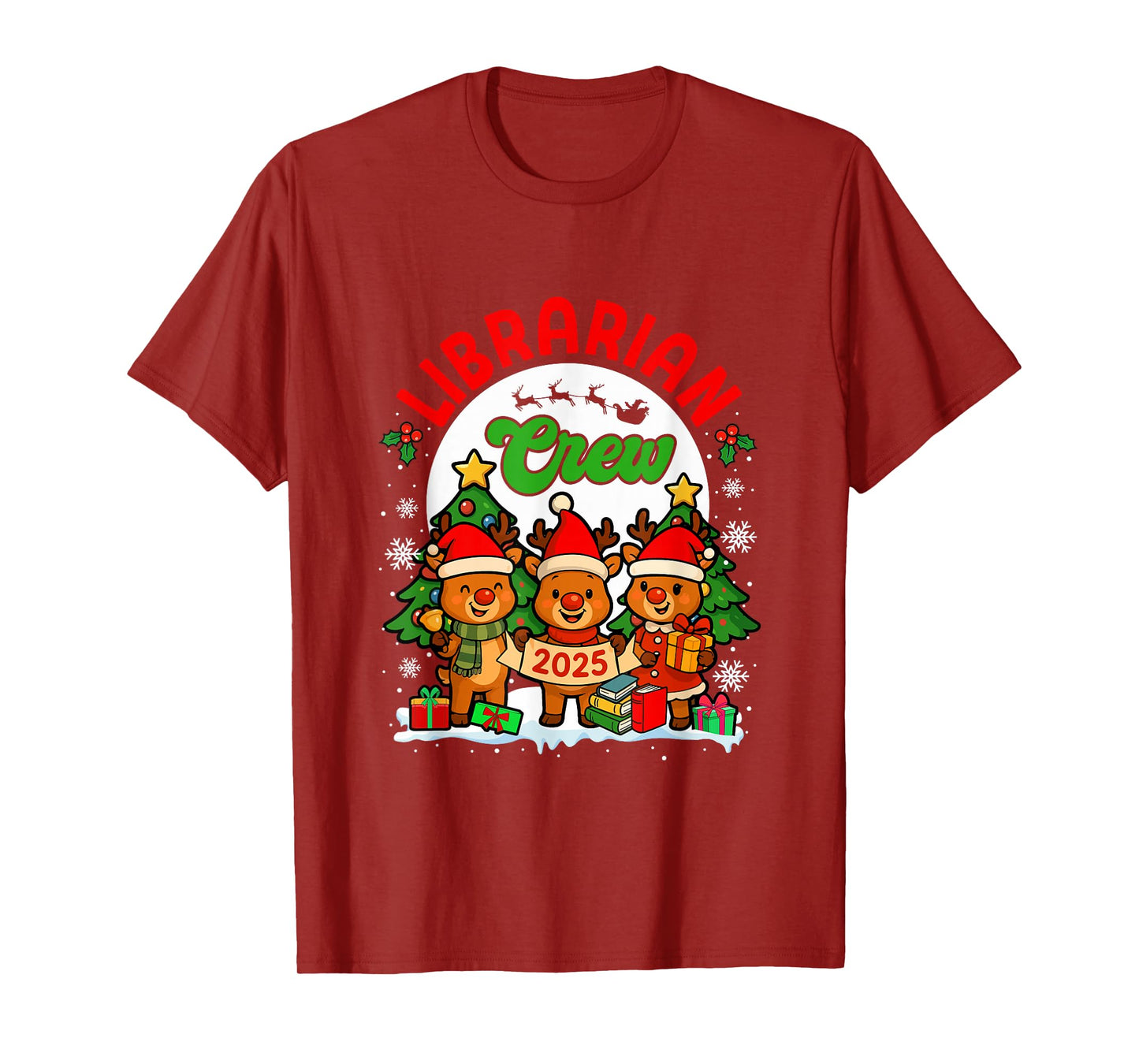 Librarian Crew 2025 Xmas Three Santa Reindeer Funny Job Team T-Shirt