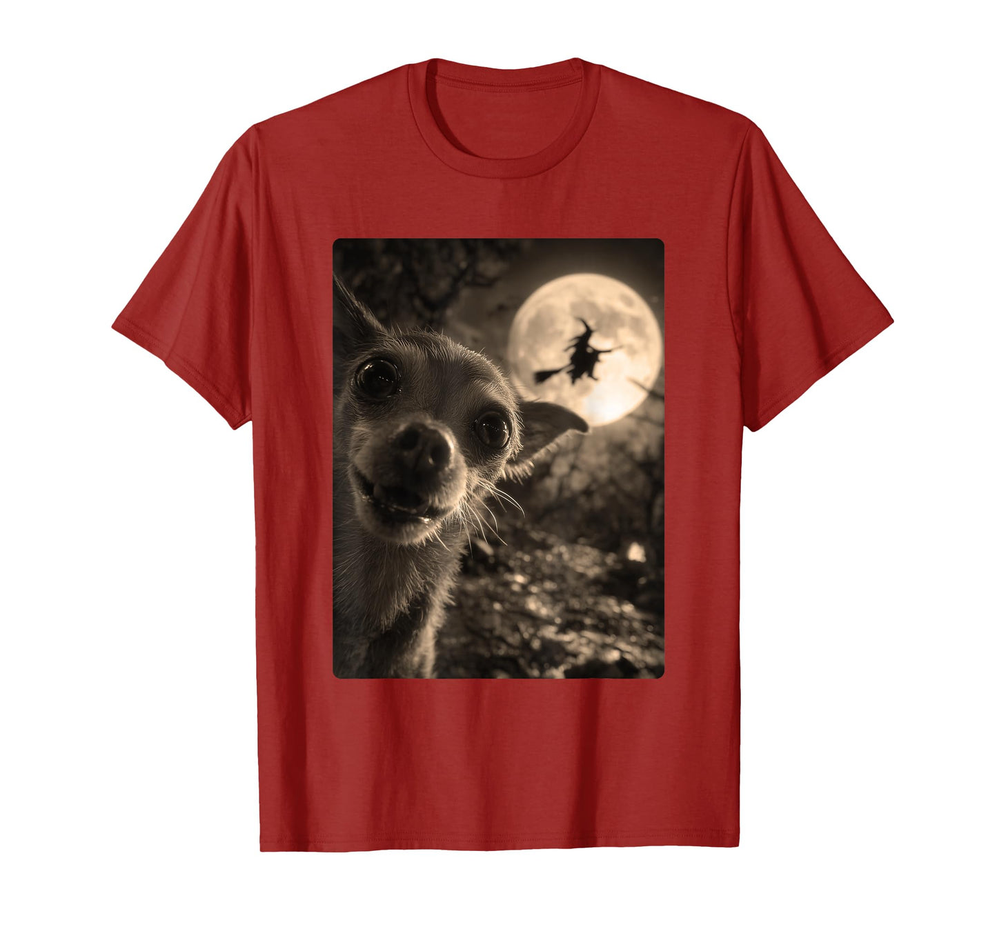 Funny Chihuahua Selfie Full Moon Flying Witch Halloween Dog T-Shirt