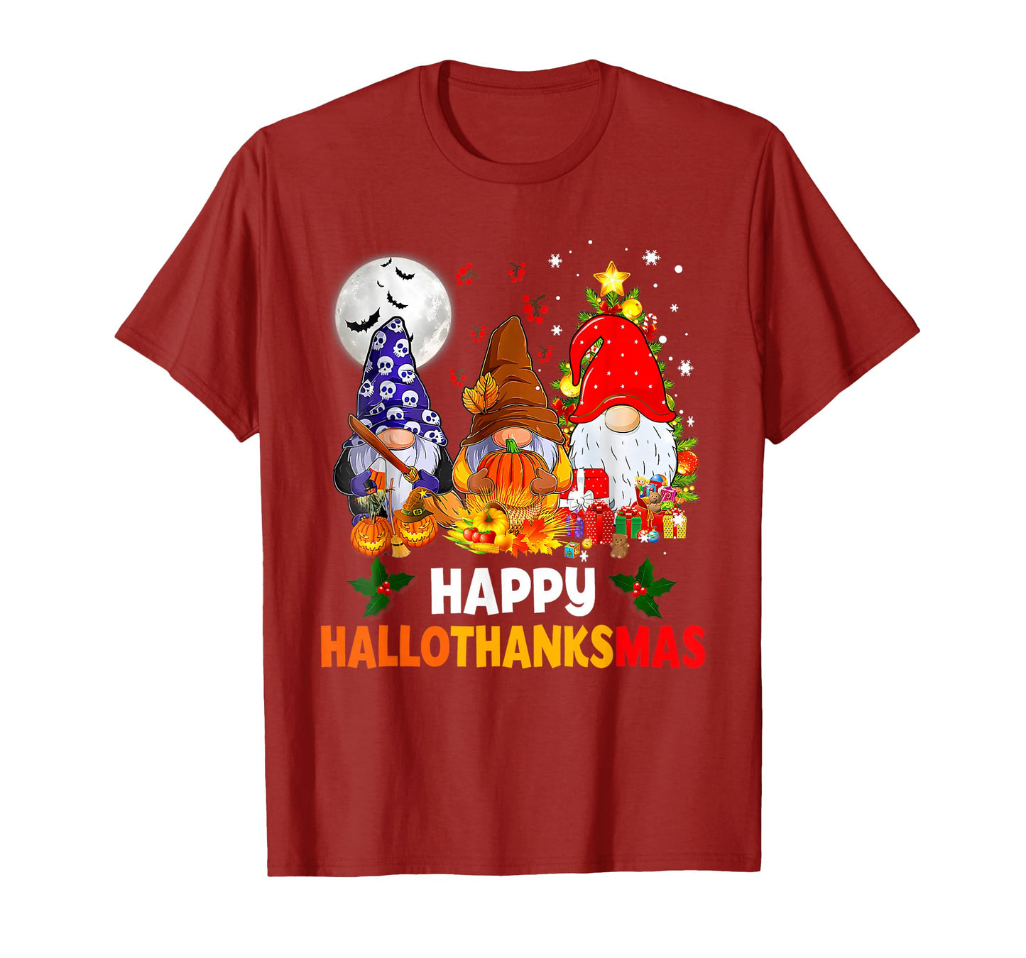 Happy Hallothanksmas Gnomes Lover Halloween Merry Christmas T-Shirt