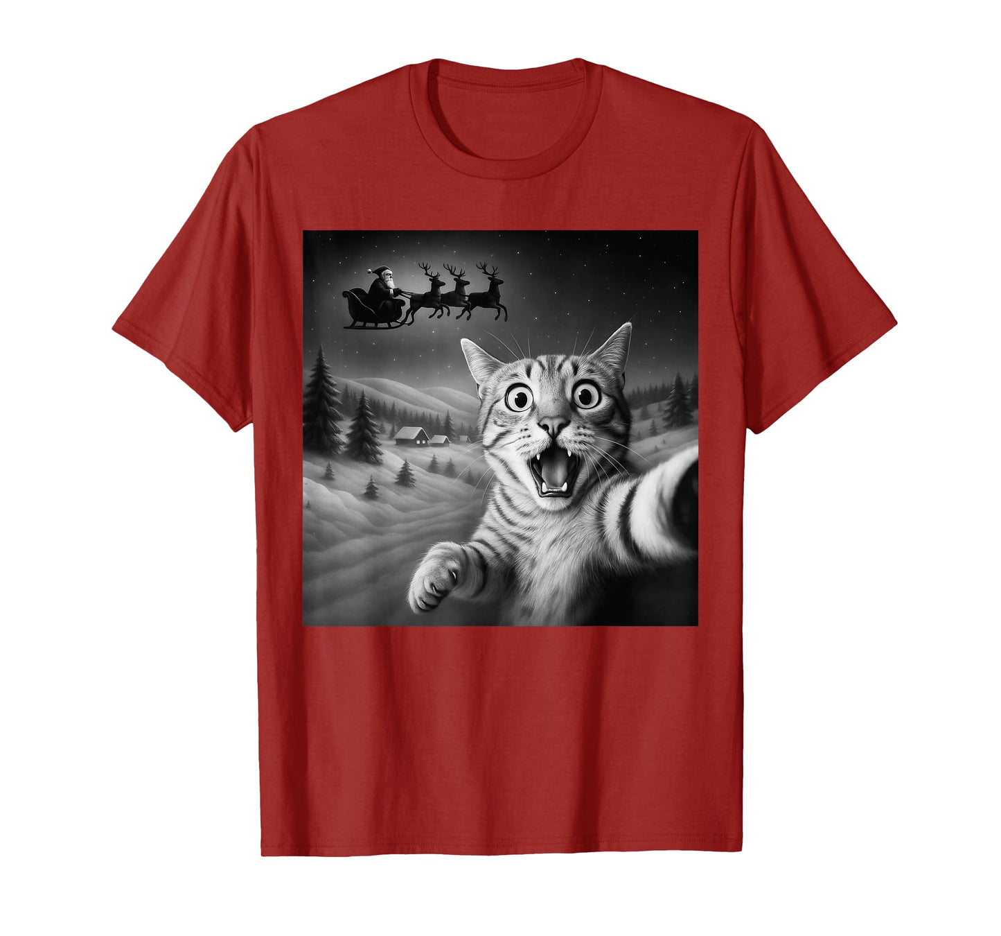 Funny Shocked Cat Selfie Santa Sleigh Christmas Night T-Shirt
