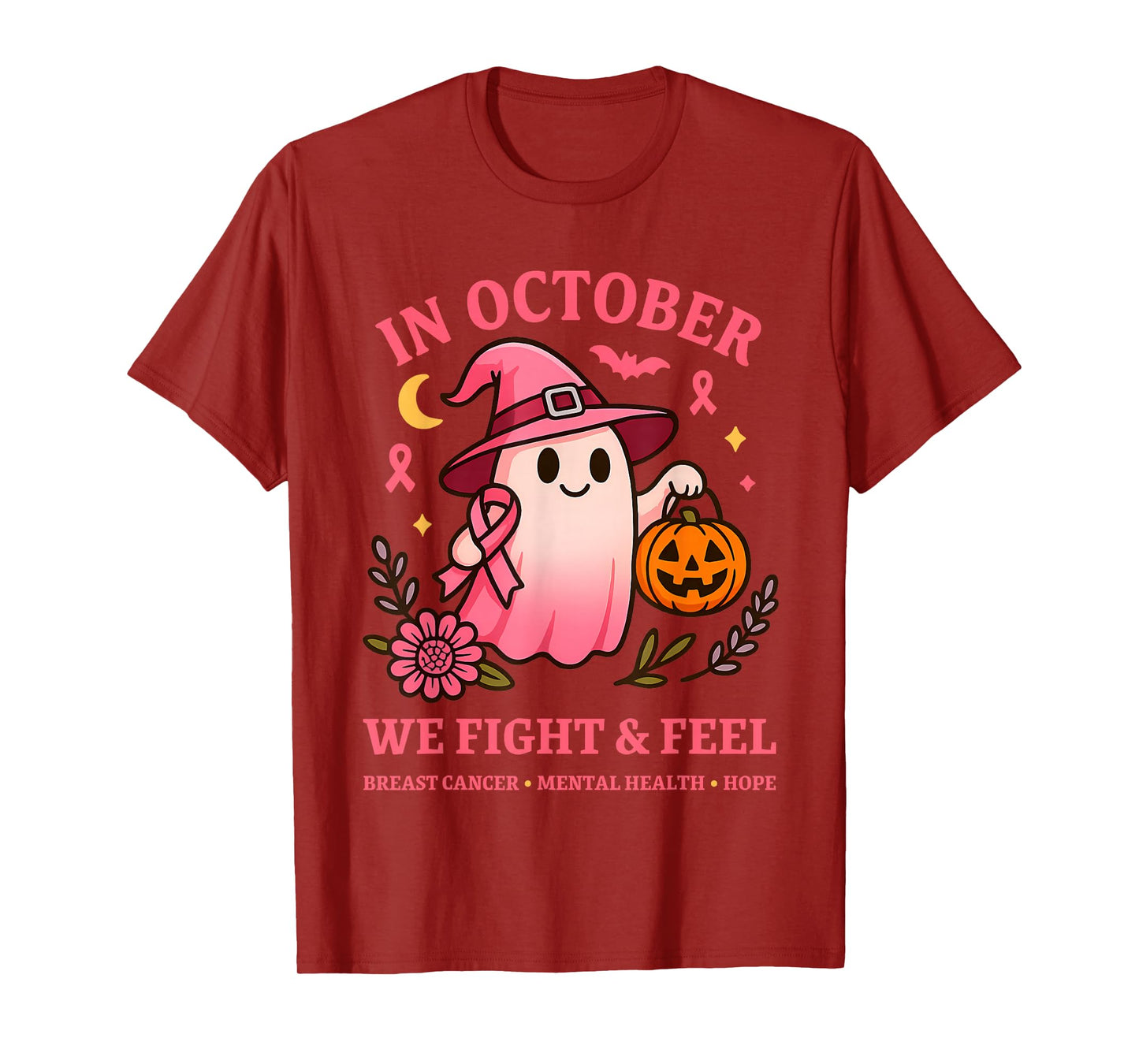 Cute Pink Ribbon Halloween Ghost Breast Cancer Awareness T-Shirt