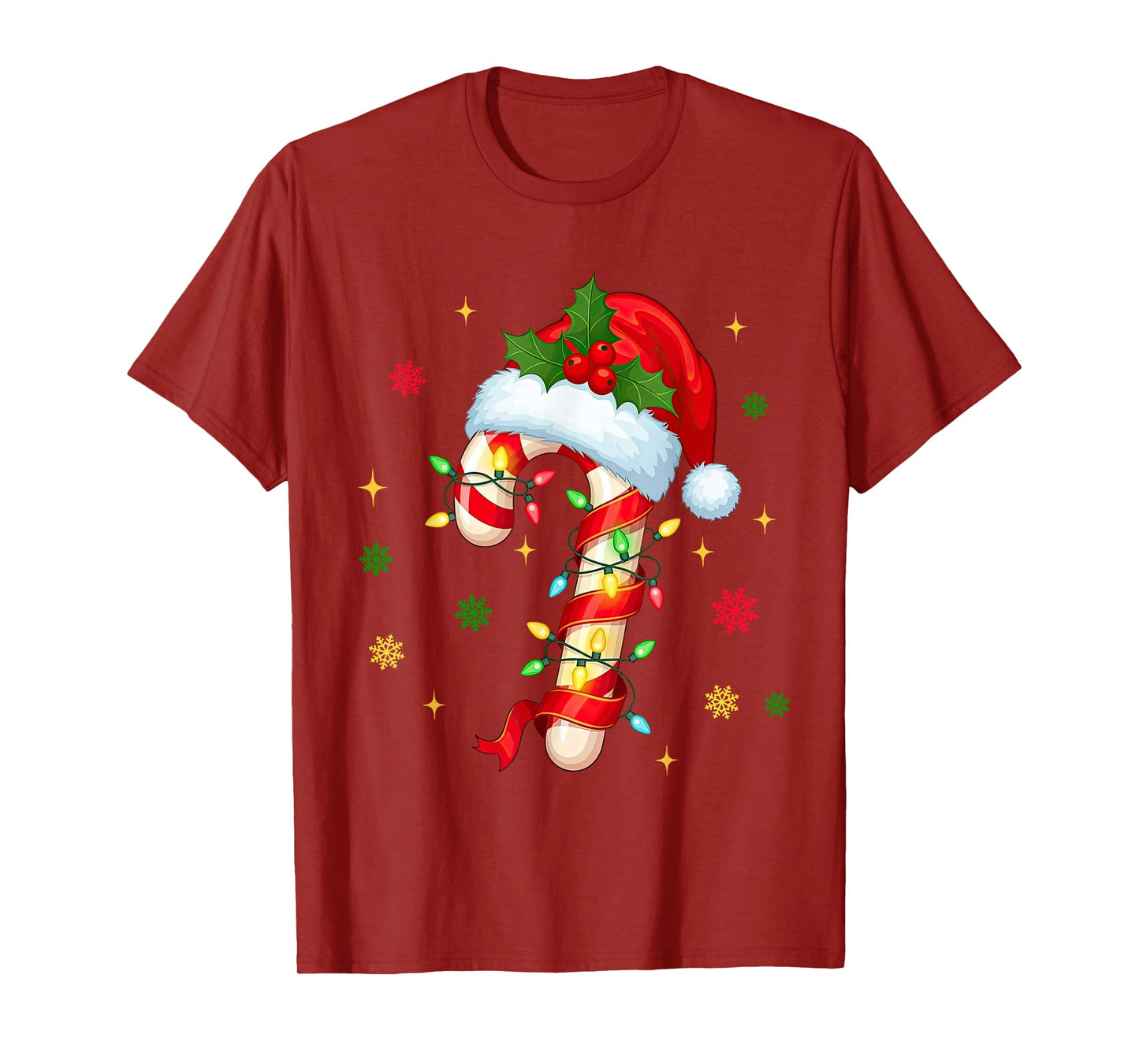Candy Cane Christmas Lights Santa Hat Xmas Crew Women Girls T-Shirt
