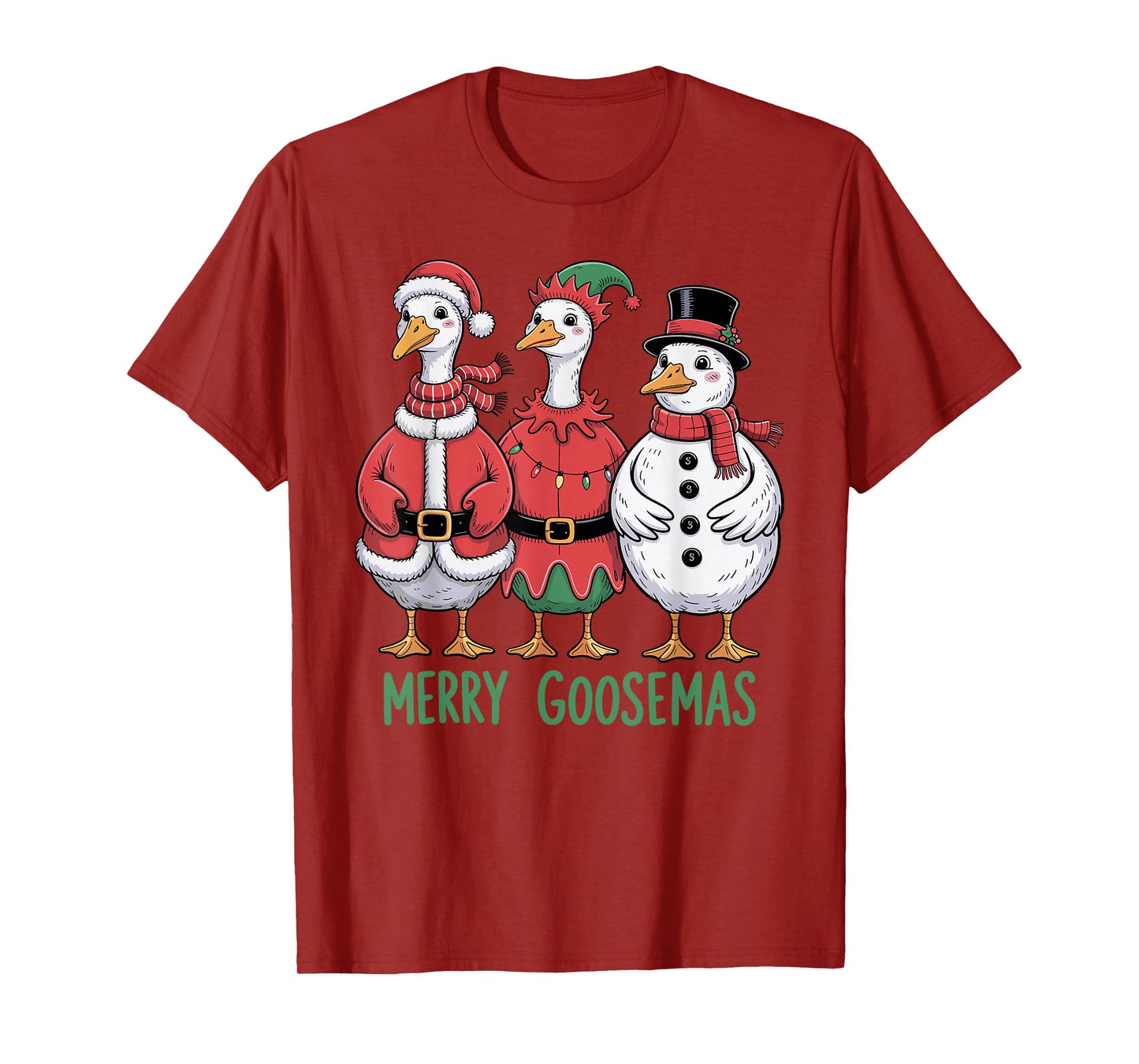 Merry Goosmas Christmas Goose Trio Elf Santa Snowman T-Shirt