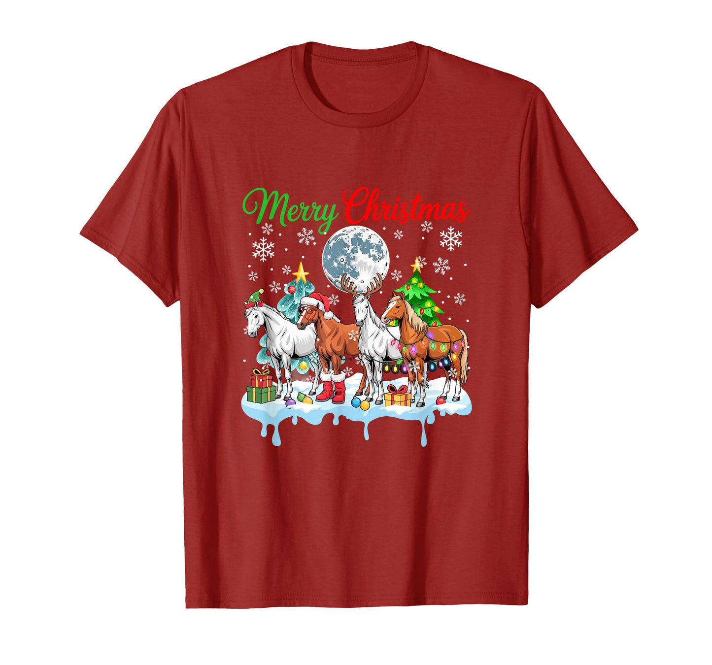 Merry Christmas Snow Group Santa Elf Reindeer Horses Farmer T-Shirt