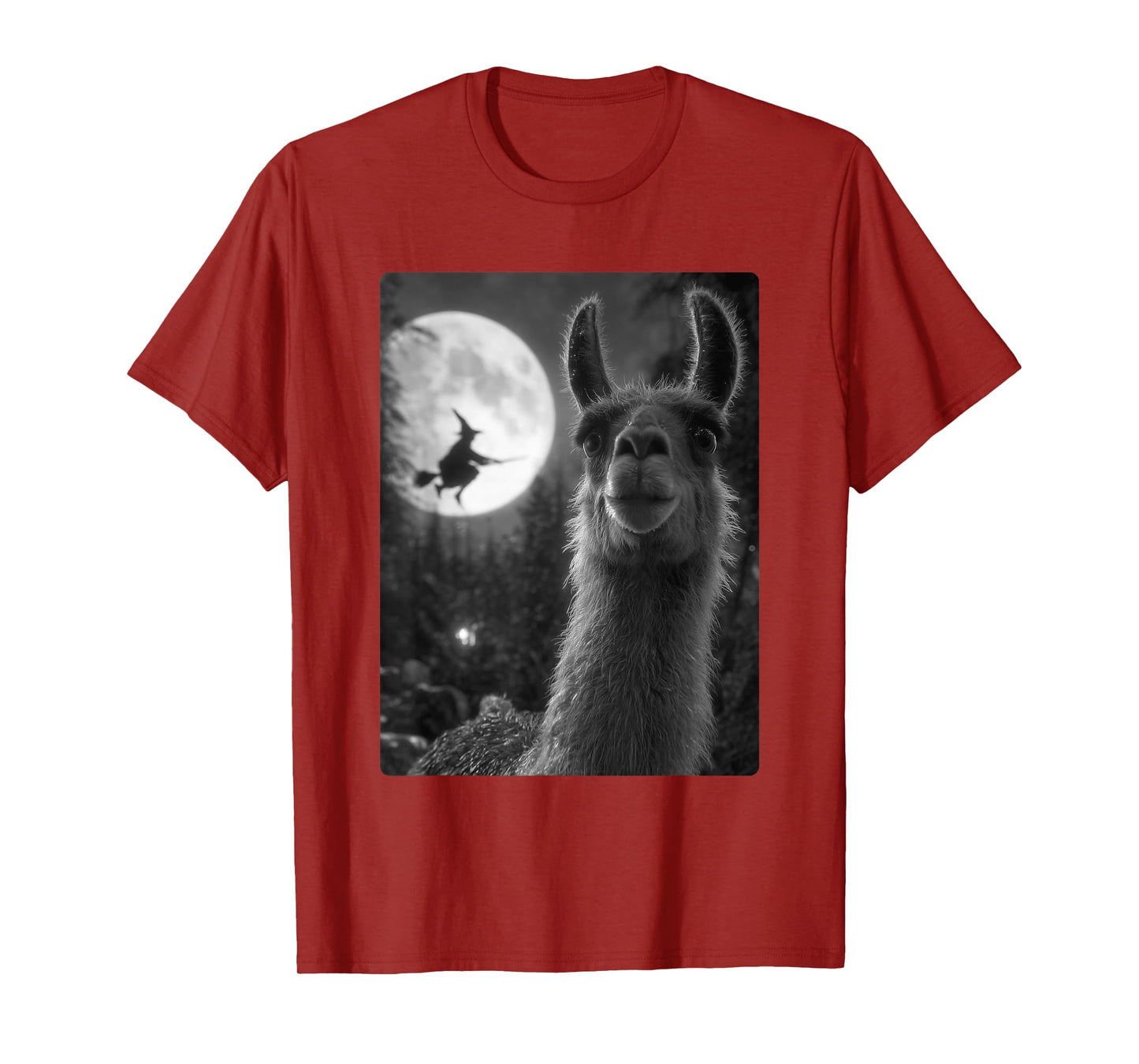Funny Llama Selfie Full Moon Flying Witch Forest Halloween T-Shirt