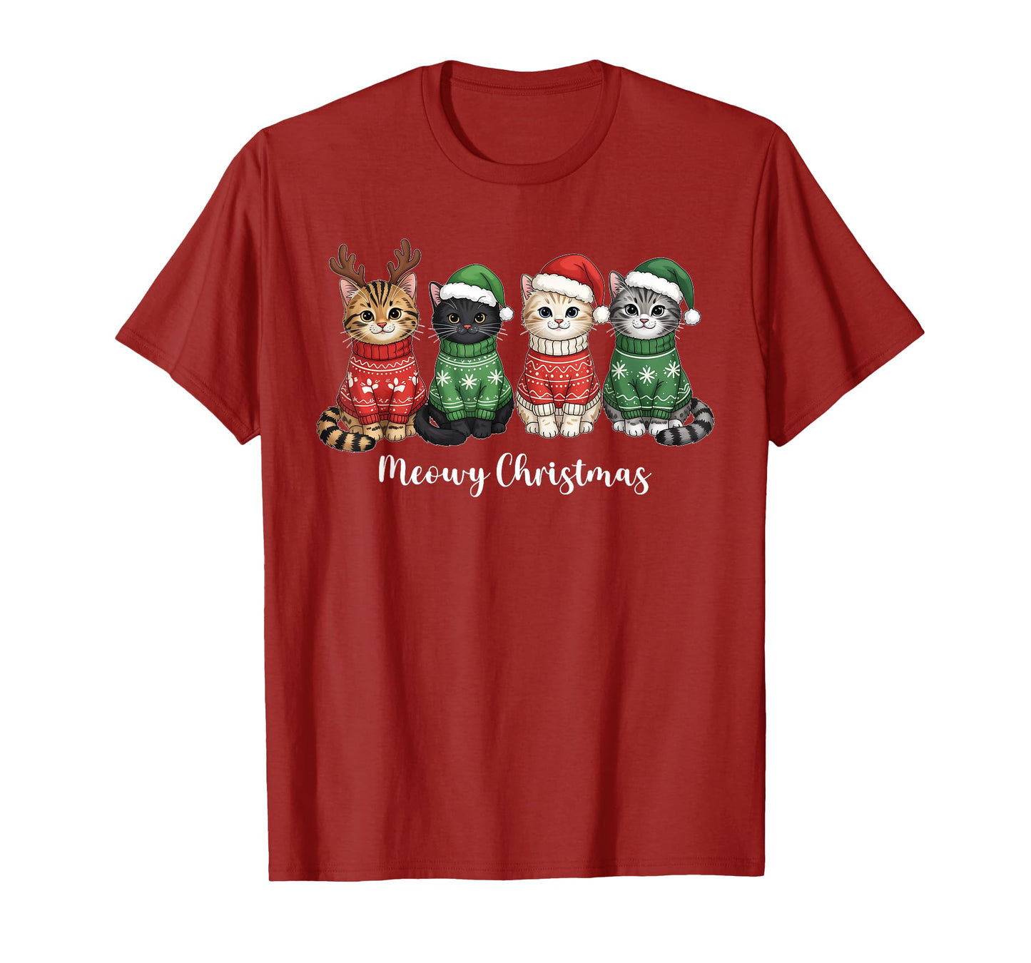 Meowy Christmas Cat Ugly Christmas Cat Reindeer Santa Xmas T-Shirt