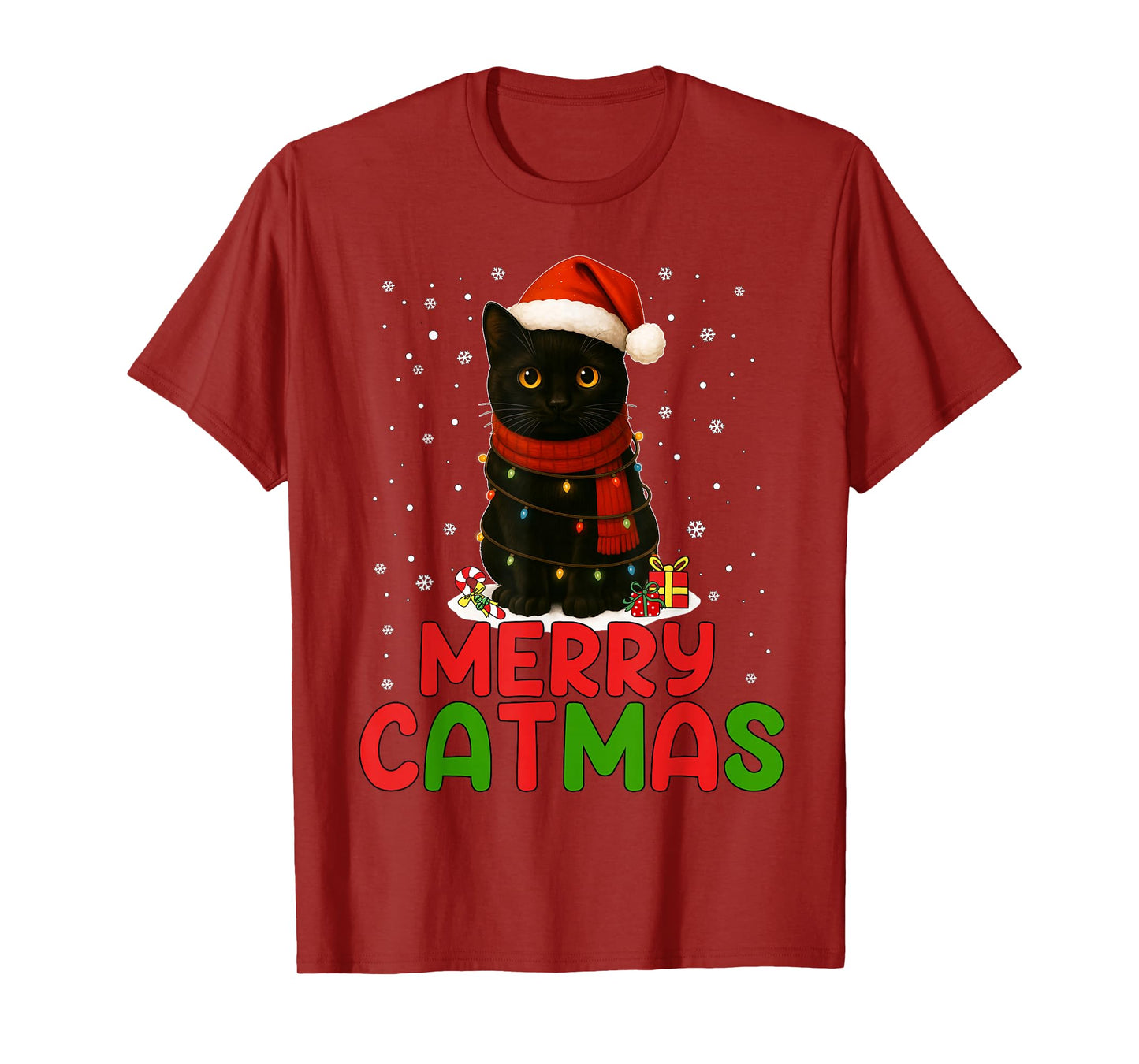 Merry Catmas Santa Hat Funny Black Cat Christmas Women Kids T-Shirt