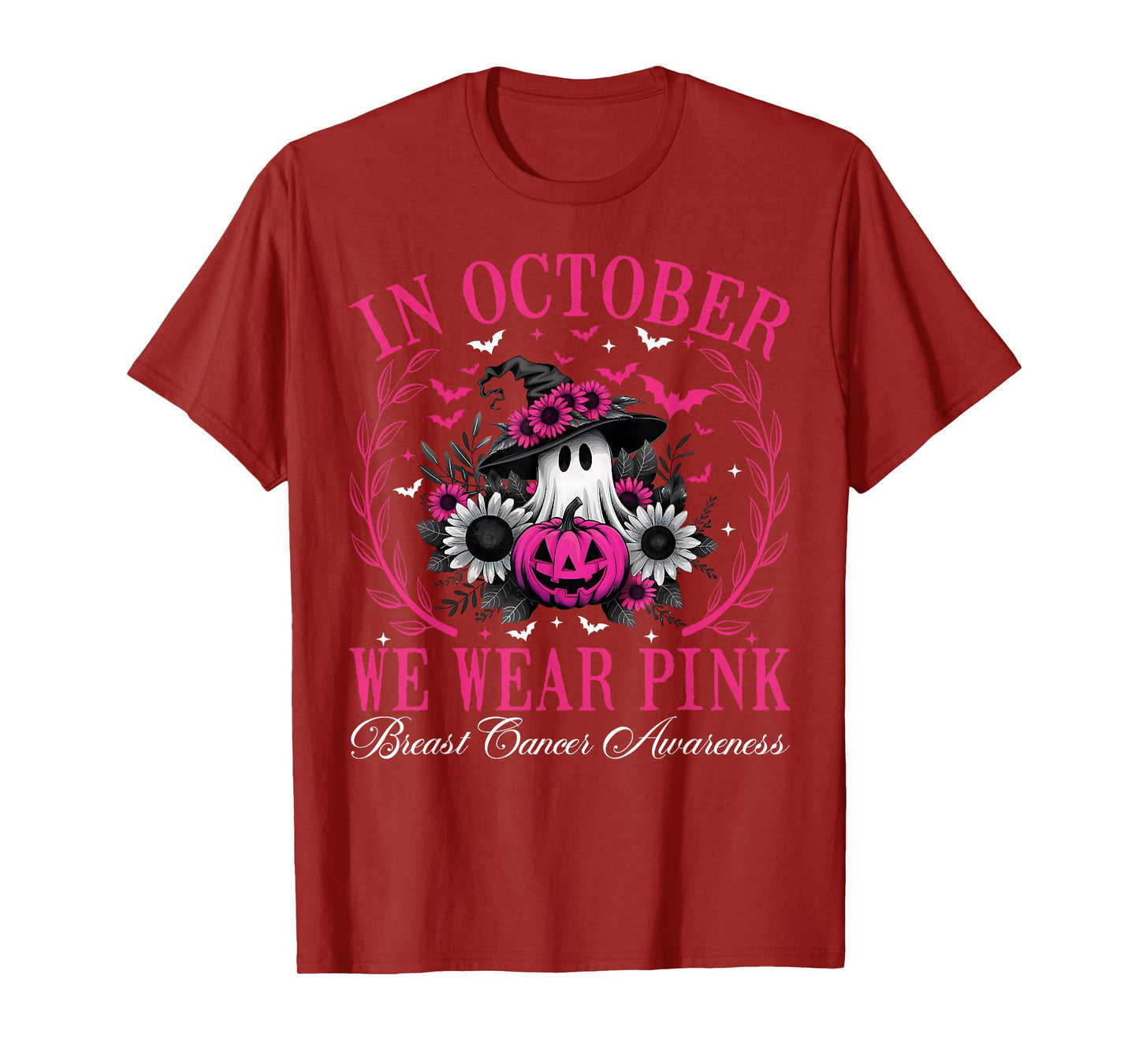 in October We Wear Pink Ghost Witch Breast Cancer Awareness T-Shirt