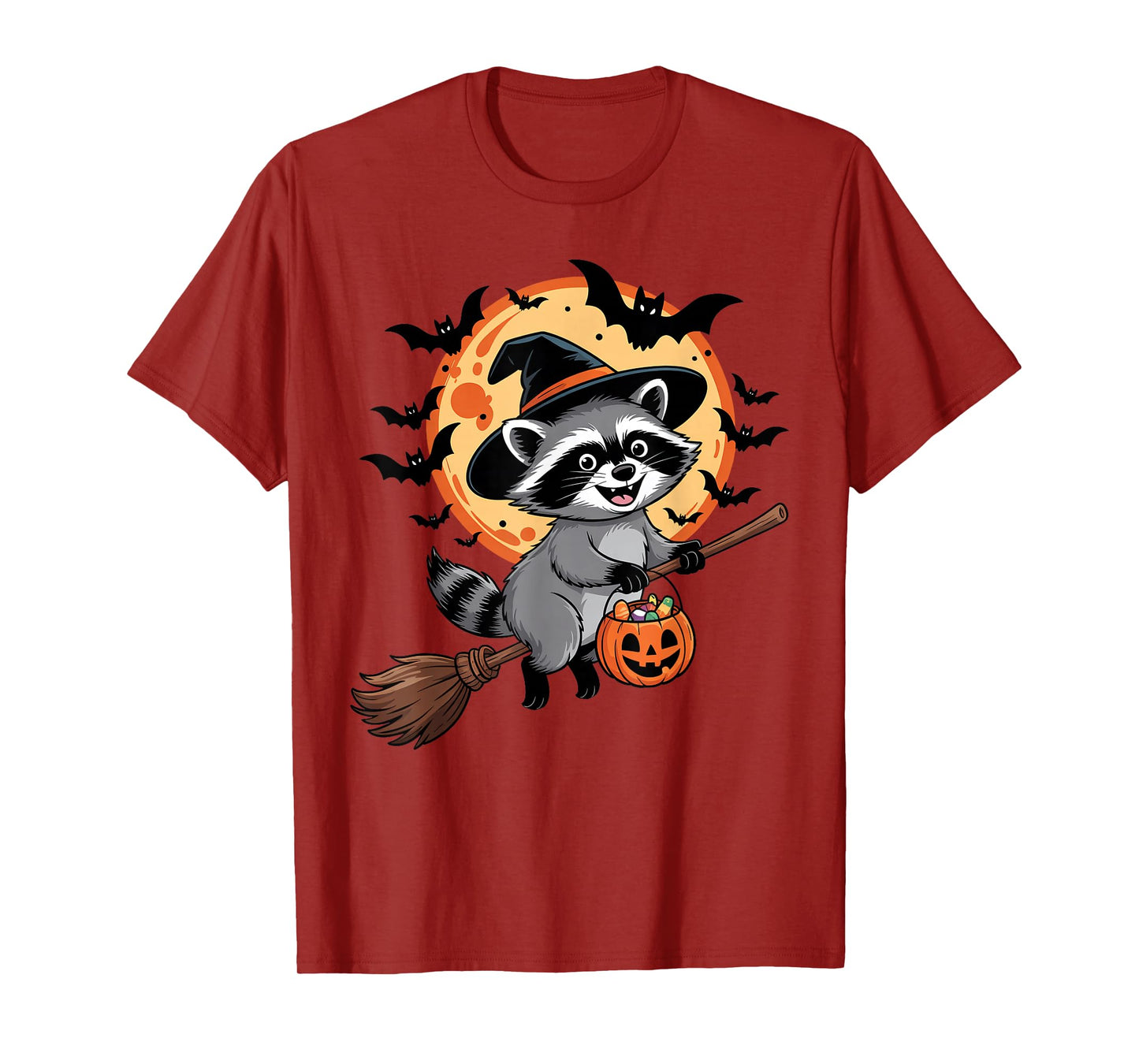 Halloween Raccoon Witch Hat and Broom Pumpkin Candy Bucket T-Shirt