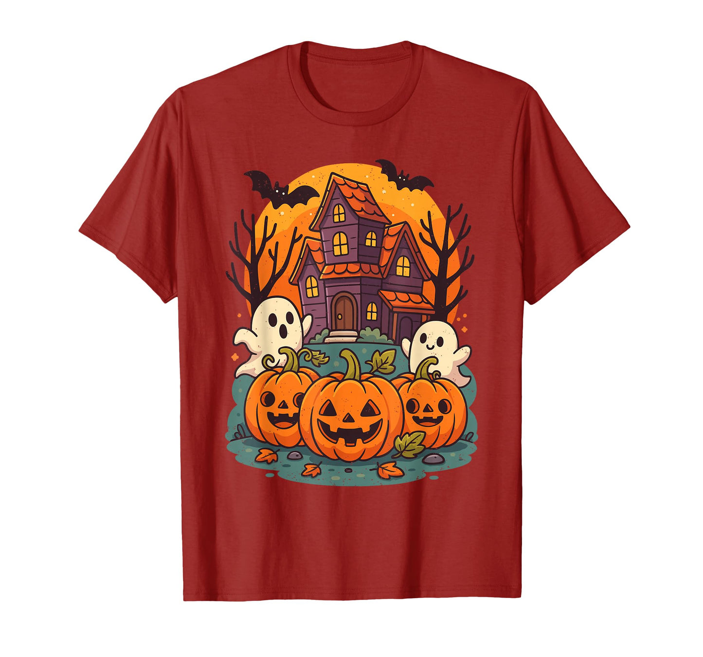Haunted House Ghost Pumpkin Halloween Jack O Lantern Bats T-Shirt