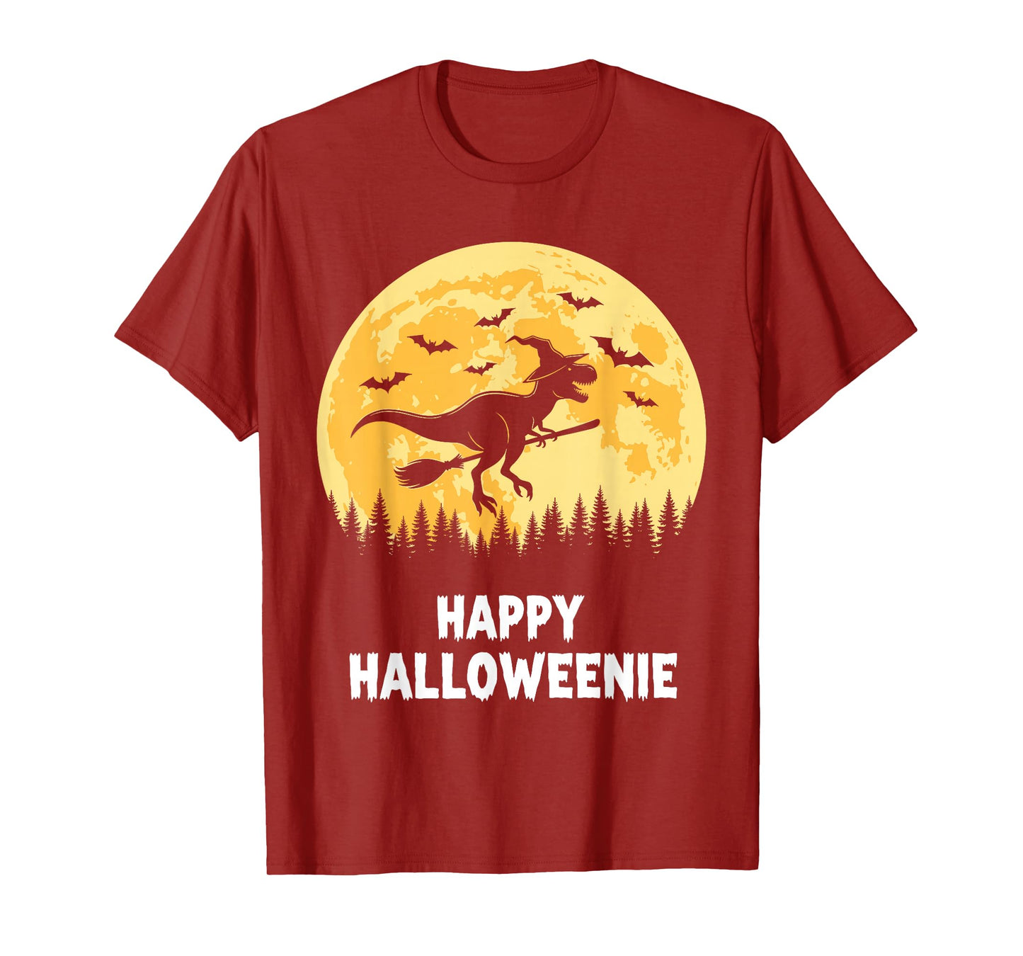 Happy Halloweenie Funny Dinosaur T Rex Flying Witch T-Shirt