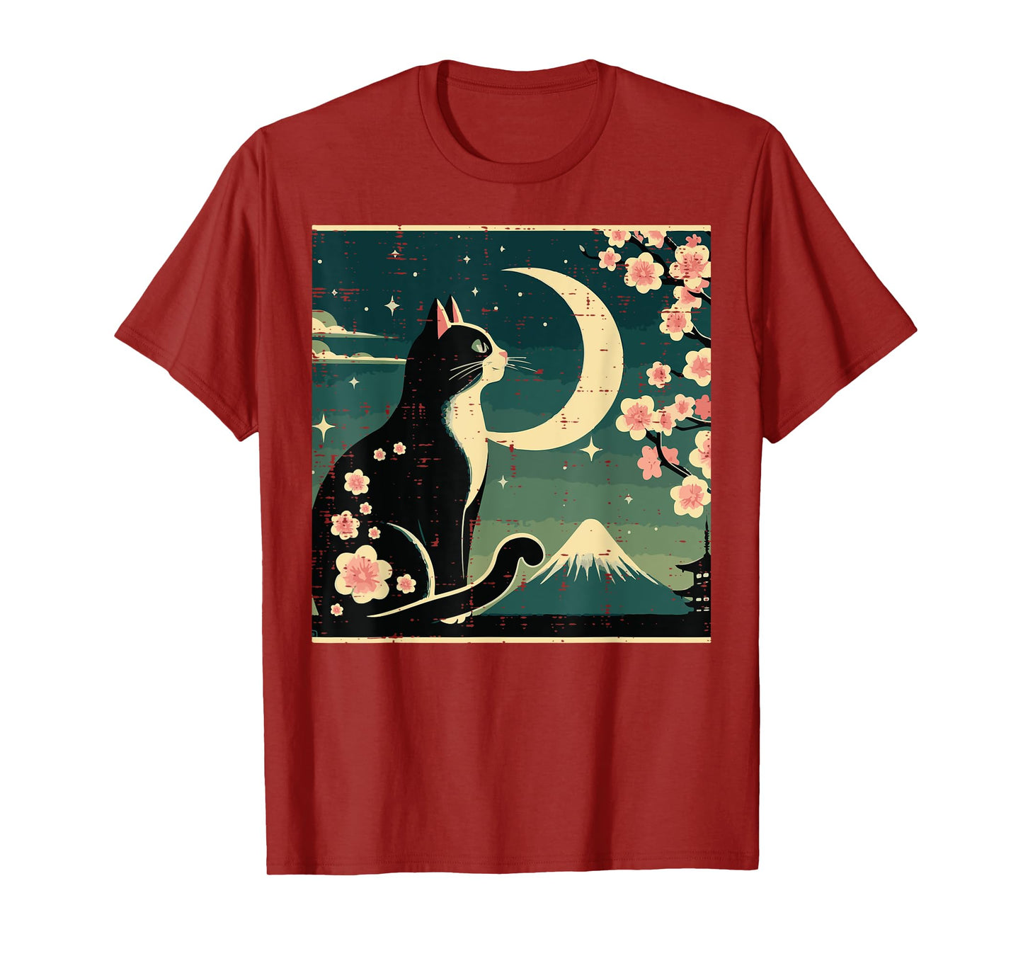 Japanese Tuxedo Cat Moon Sakura Vintage Art Women Girls Kids T-Shirt
