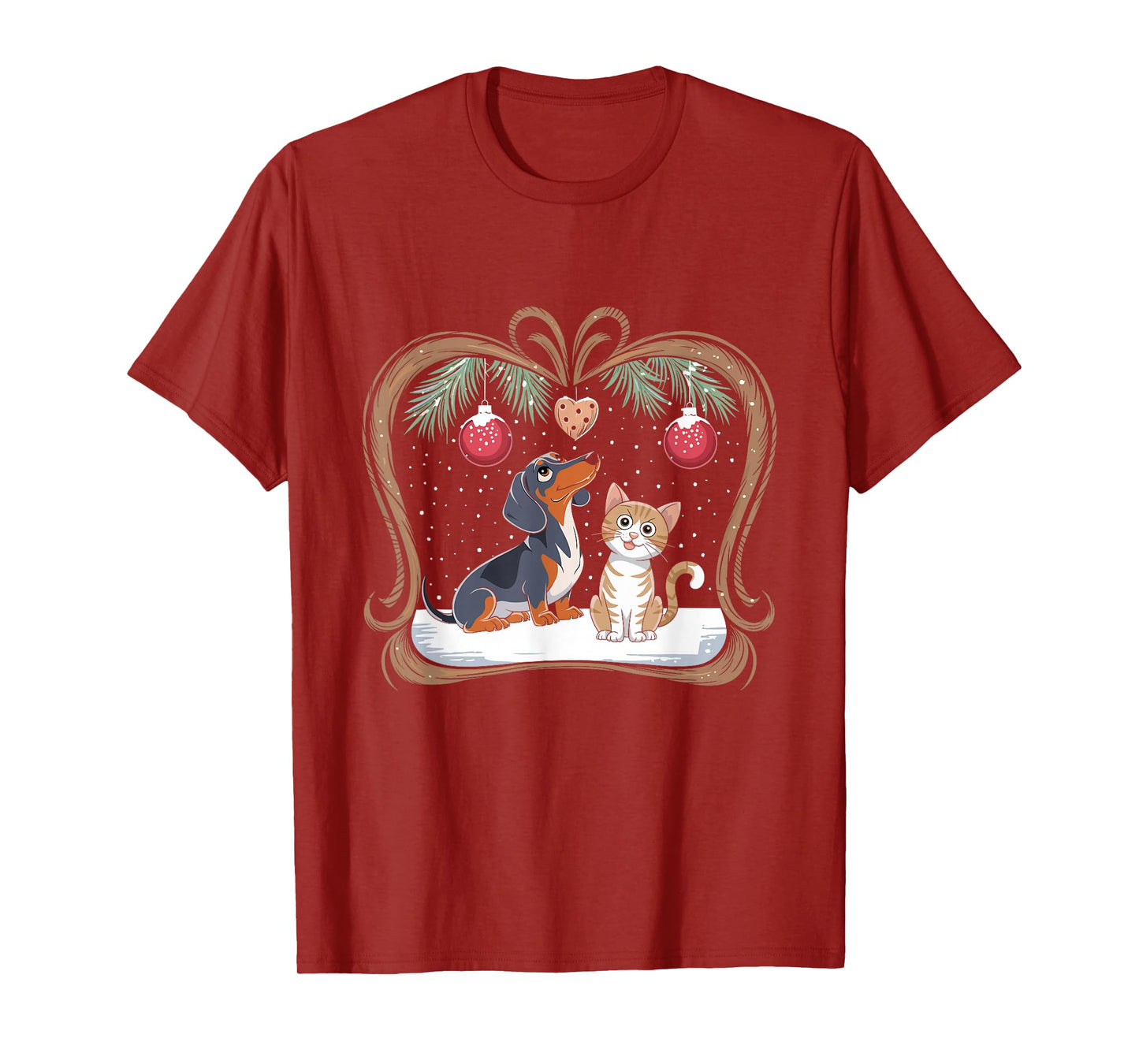 Dachshund Dog Cat Christmas Ball Snowflakes X-mas Holiday T-Shirt