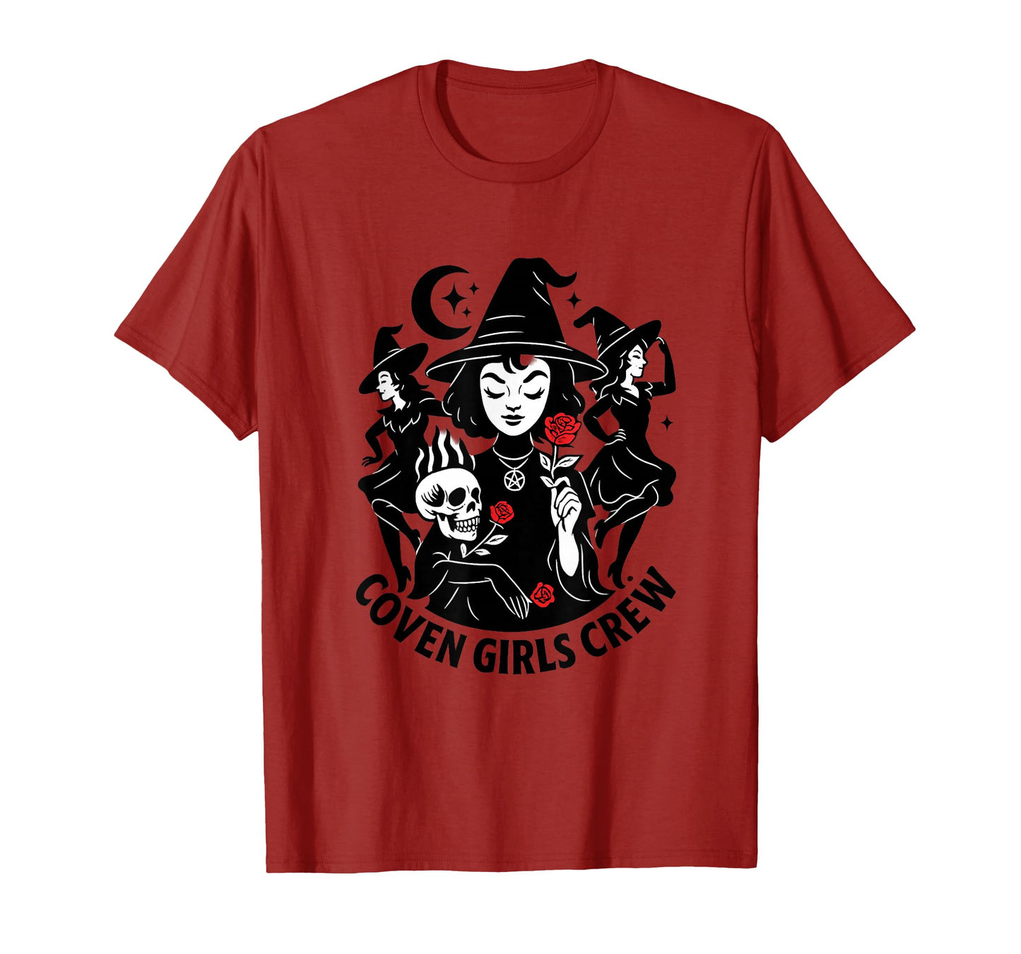 Witchy Girls Coven Crew Halloween Moon, Skull Rose Tee T-Shirt