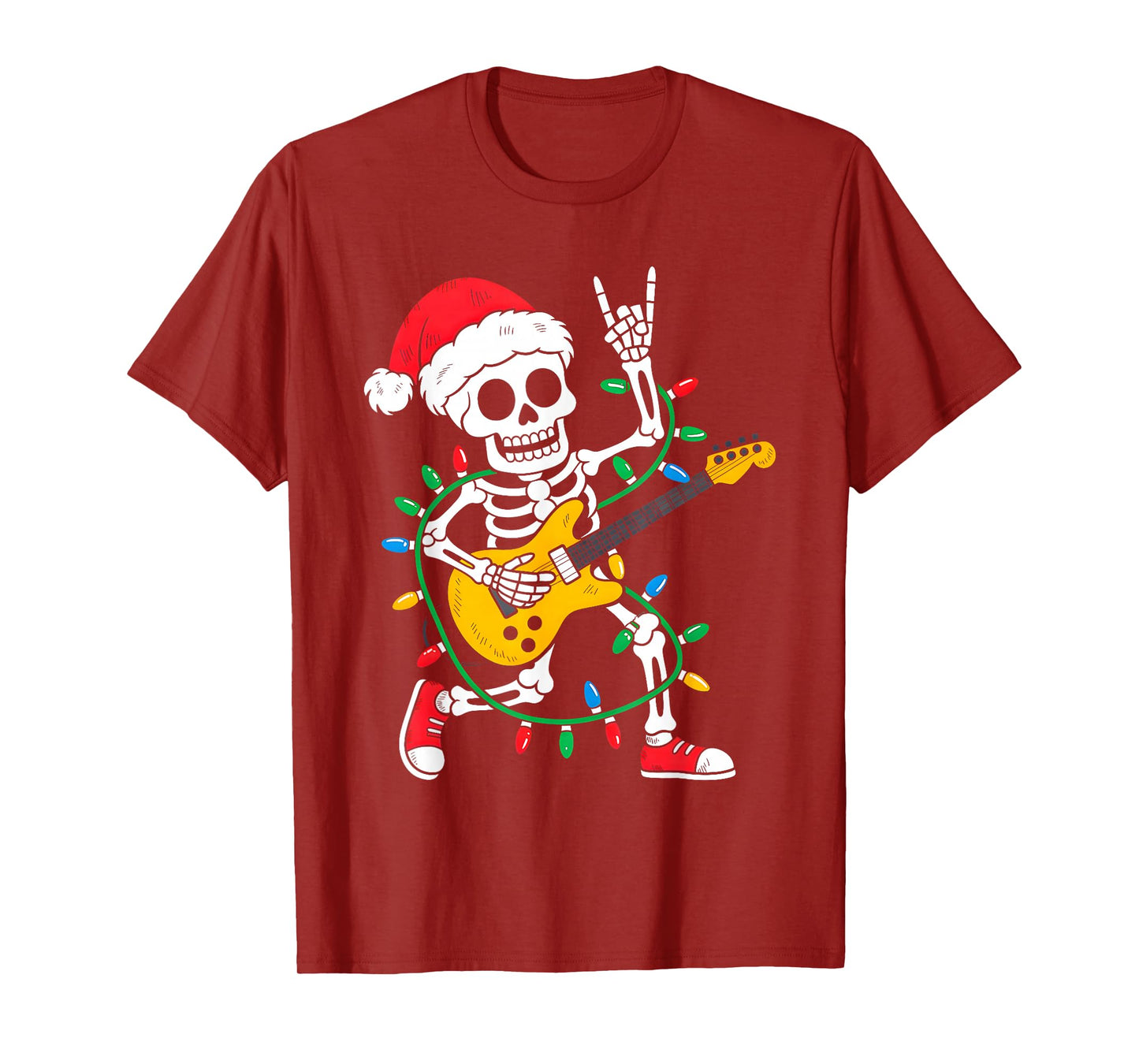 Xmas Santa Skeleton Playing Guitar Rock Funny Christmas T-Shirt