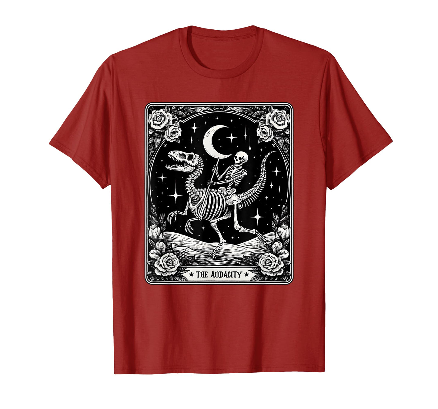 The Audacity Skeleton Riding Dinosaur Tarot Card Halloween T-Shirt