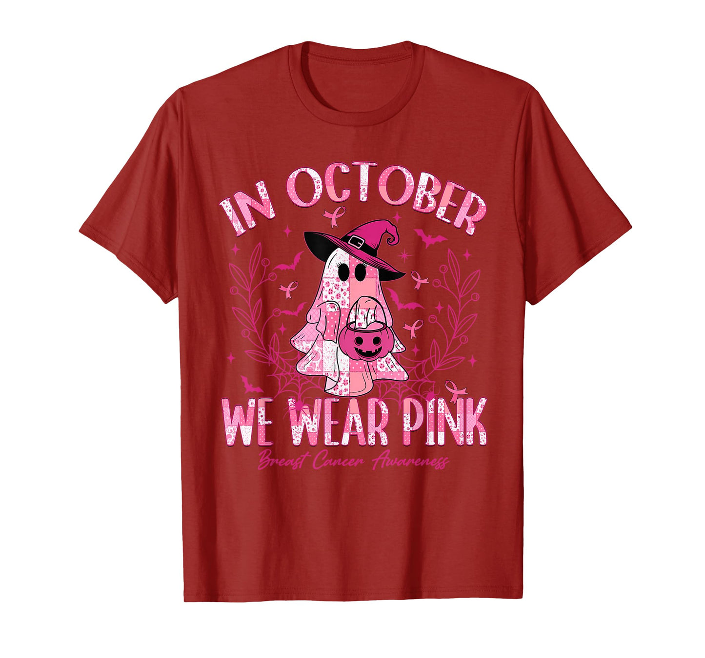 in October We Wear Pink Ghost Witch Breast Cancer Awareness T-Shirt