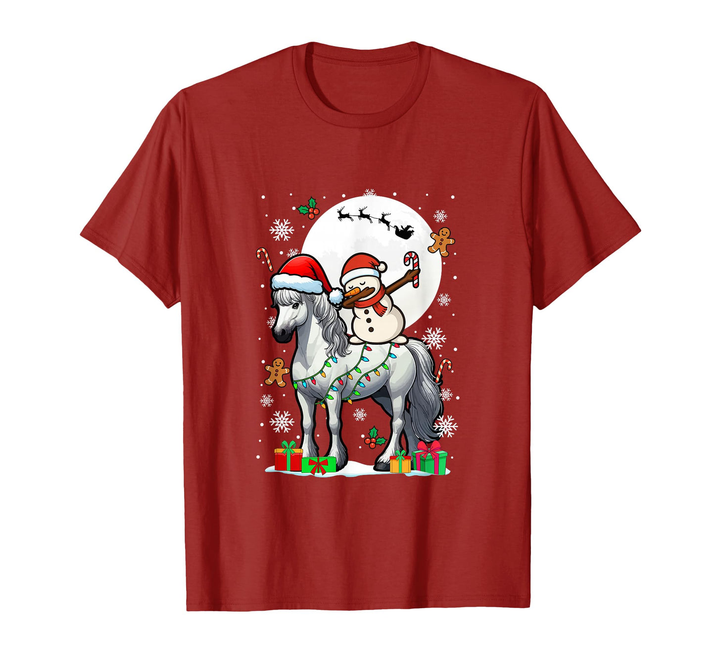 Dabbing Snowman On Horse Christmas Santa Colorful Lights T-Shirt