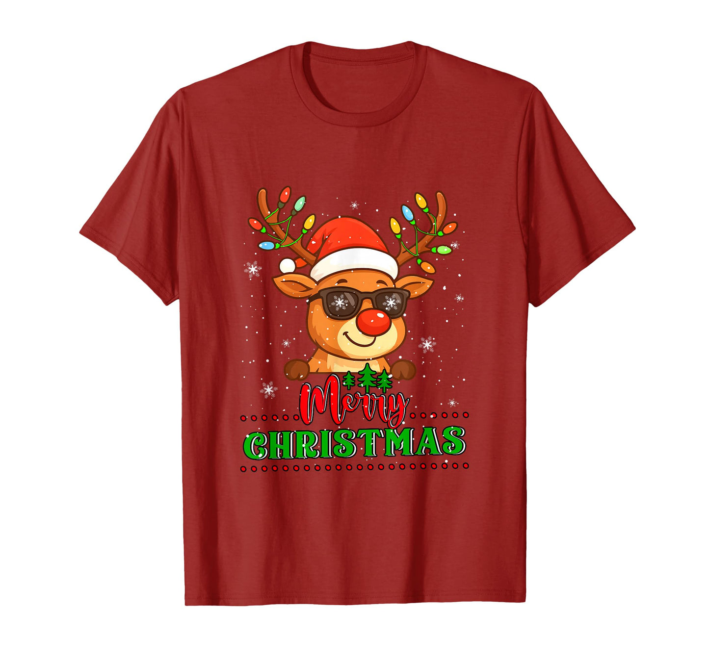 Merry Christmas Cute Reindeer Sunglasses Colorful Lights T-Shirt