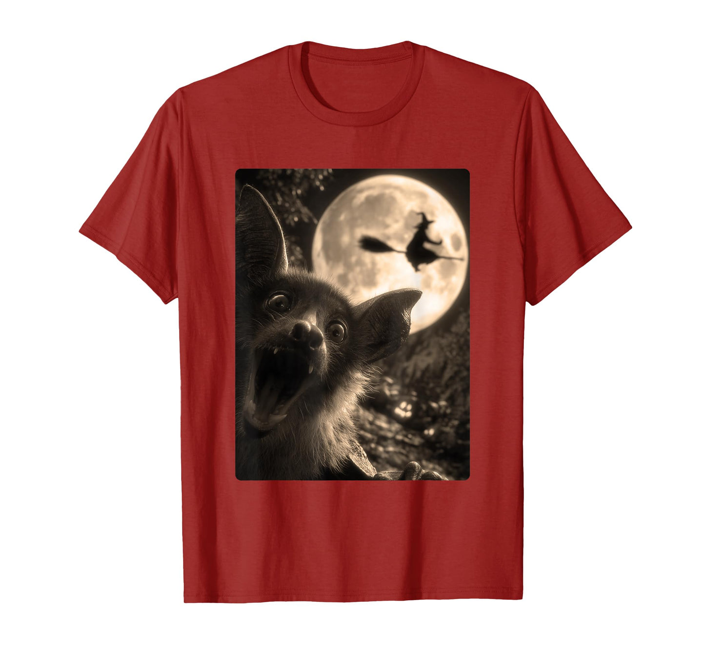 Funny Bat Selfie Full Moon Flying Witch Forest Halloween T-Shirt