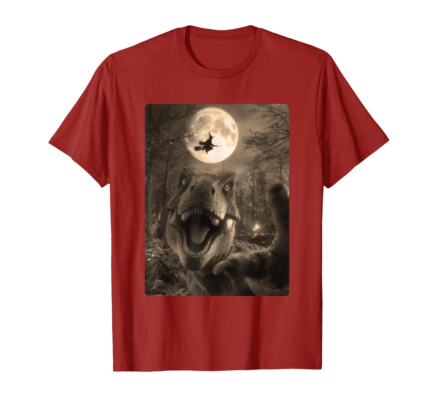 Funny T-rex Selfie Full Moon Flying Witch Dinosaur Halloween T-Shirt
