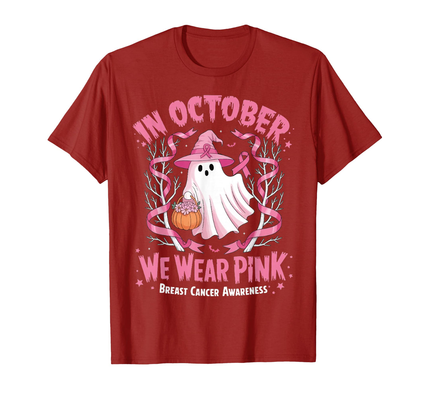 in October We Wear Pink Ghost Witch Breast Cancer Awareness T-Shirt