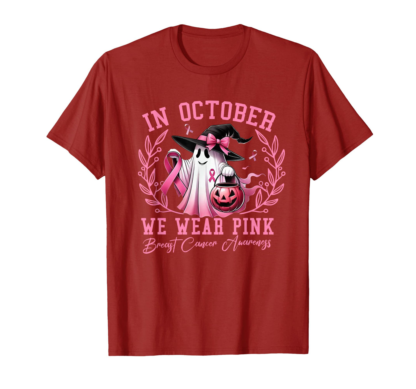 in October We Wear Pink Ghost Witch Breast T-Shirt