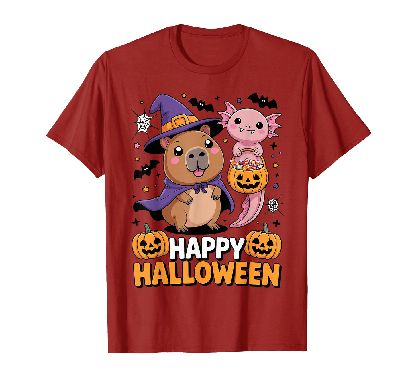 Cute Capybara and Axolotl Happy Halloween Kids T-Shirt