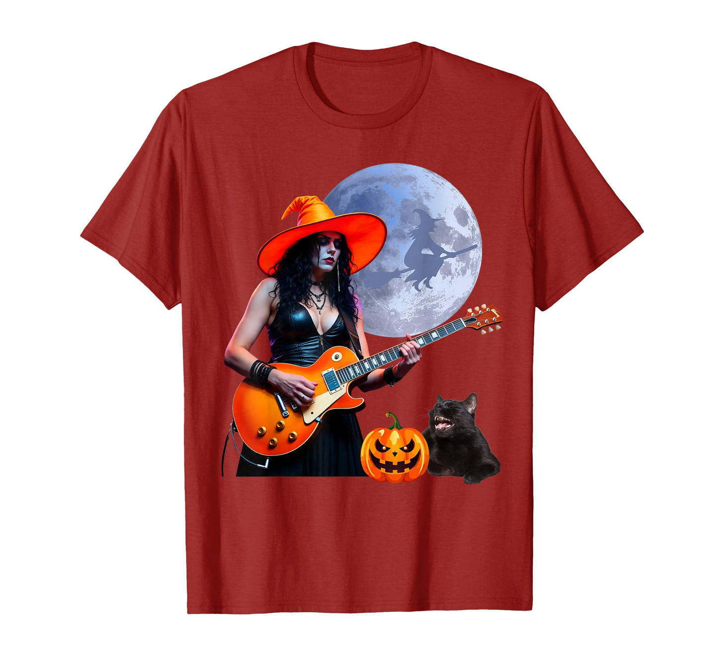 Pretty Witch Rocker Playing Electric Guitar with Cat T-Shirt