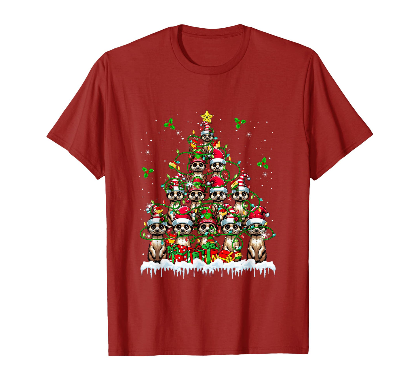 Group Santa Reindeer Elf Meerkats Xmas Tree Colorful Lights T-Shirt