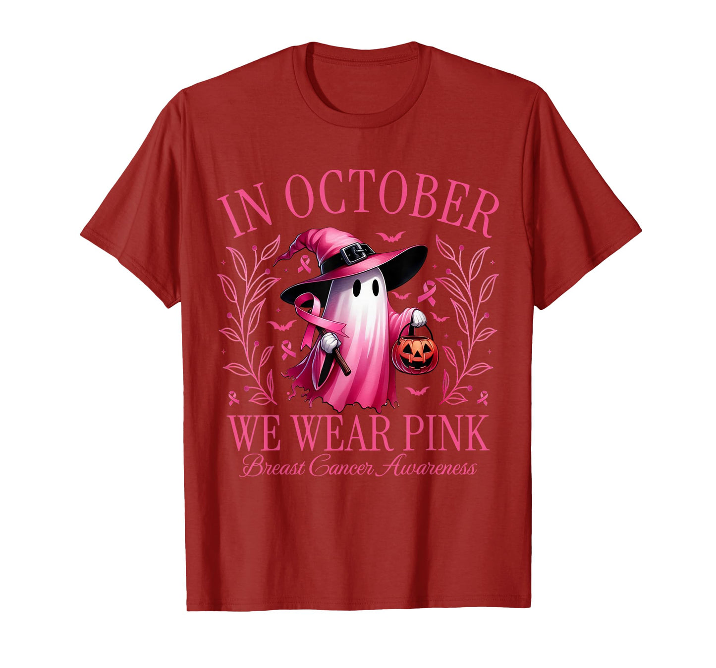 in October We Wear Pink Ghost Breast Cancer Awareness Ribbon T-Shirt