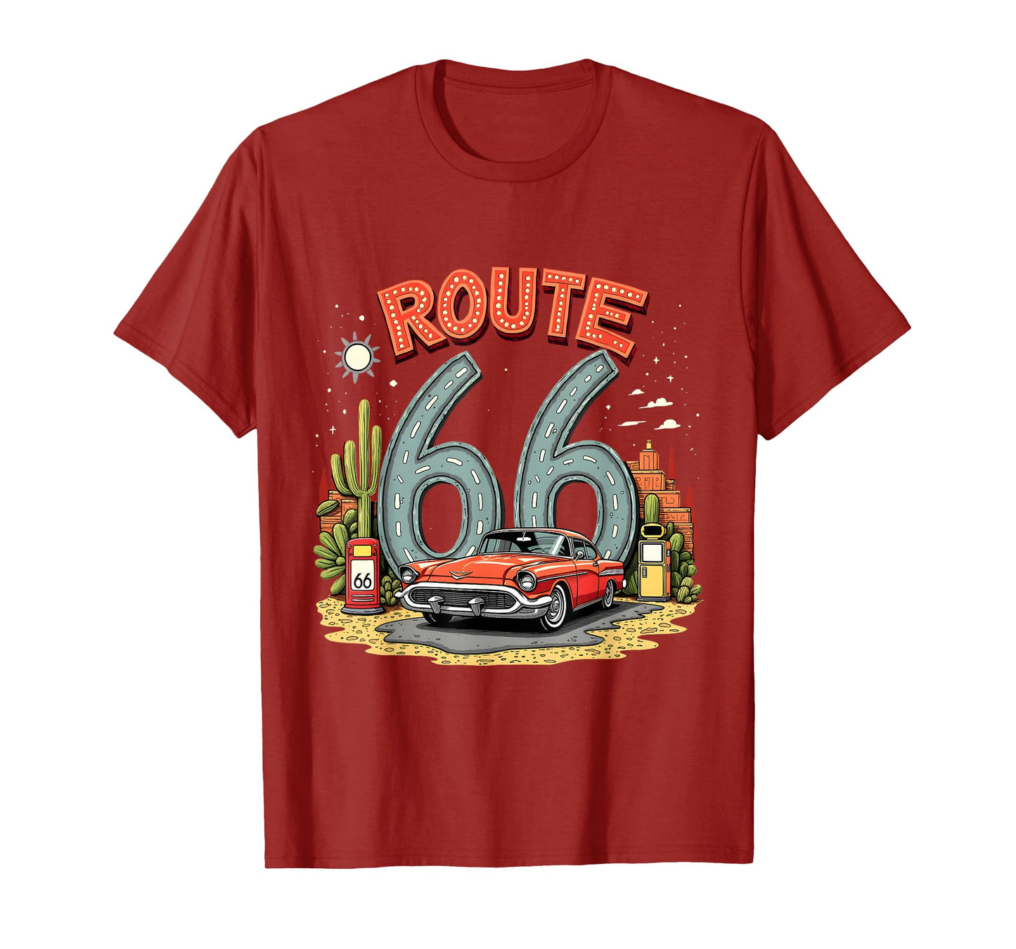 Desert Road Trip Route 66 Design with Classic Red Car T-Shirt