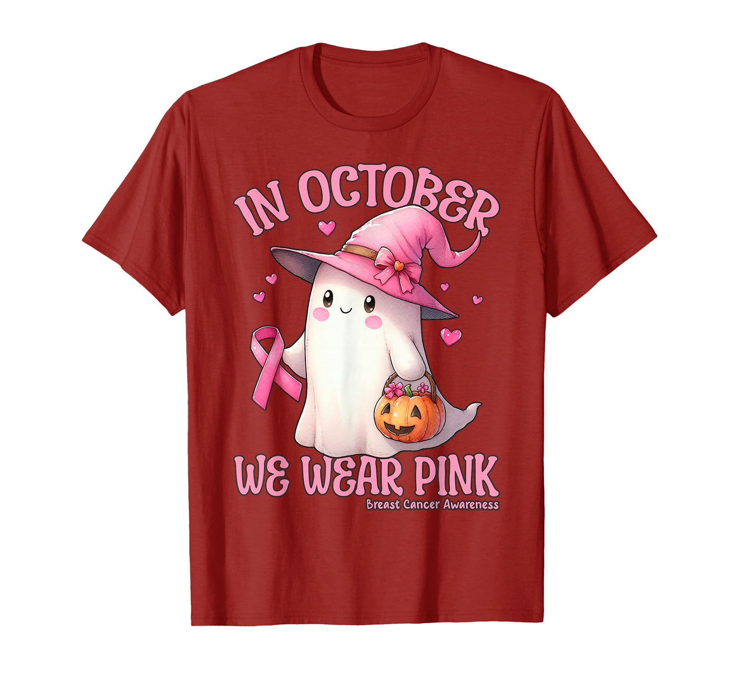in October We Wear Pink Breast Cancer Ghost Witch Halloween T-Shirt