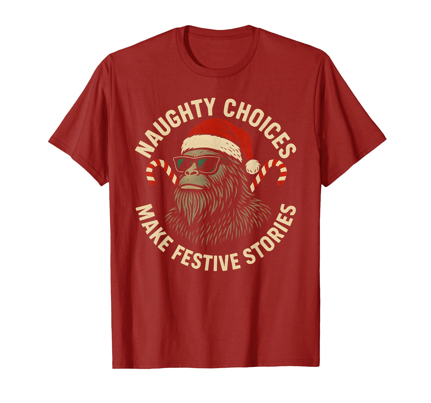 Gorilla Santa Hat Cane Candy Festive Artwork T-Shirt
