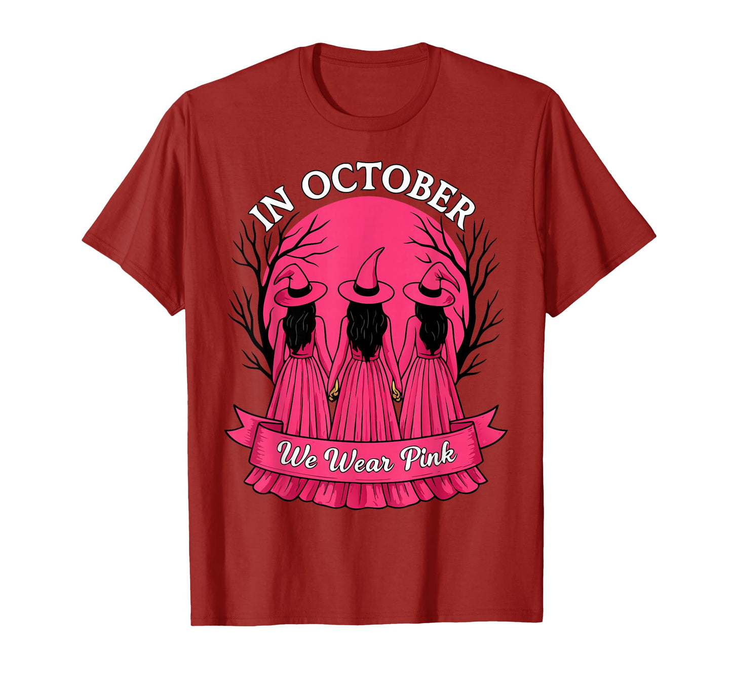 in October We Wear Pink Witch Halloween Breast Cancer Women T-Shirt