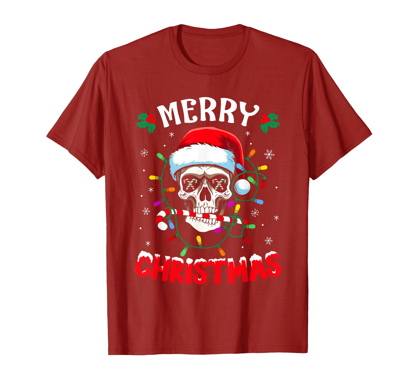 Merry Christmas Lights Red Santa Hat Skull Family Men Women T-Shirt