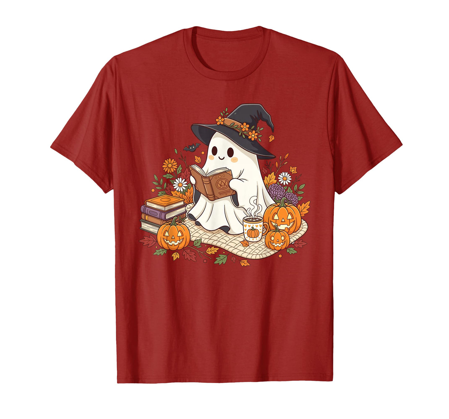 Ghost Reading Book Pumpkin Flower Halloween Reader Bookworm T-Shirt