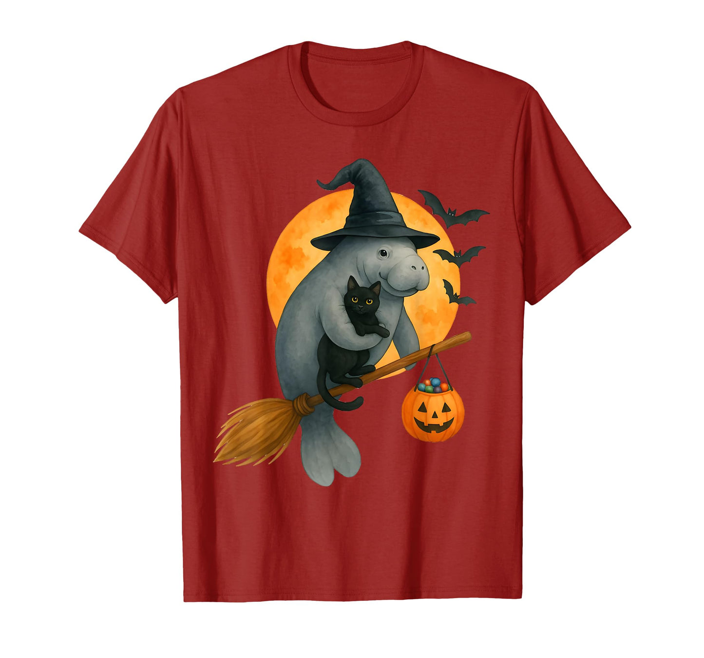 Manatee Witch Hat Black Cat Pumpkin Halloween Costume T-Shirt