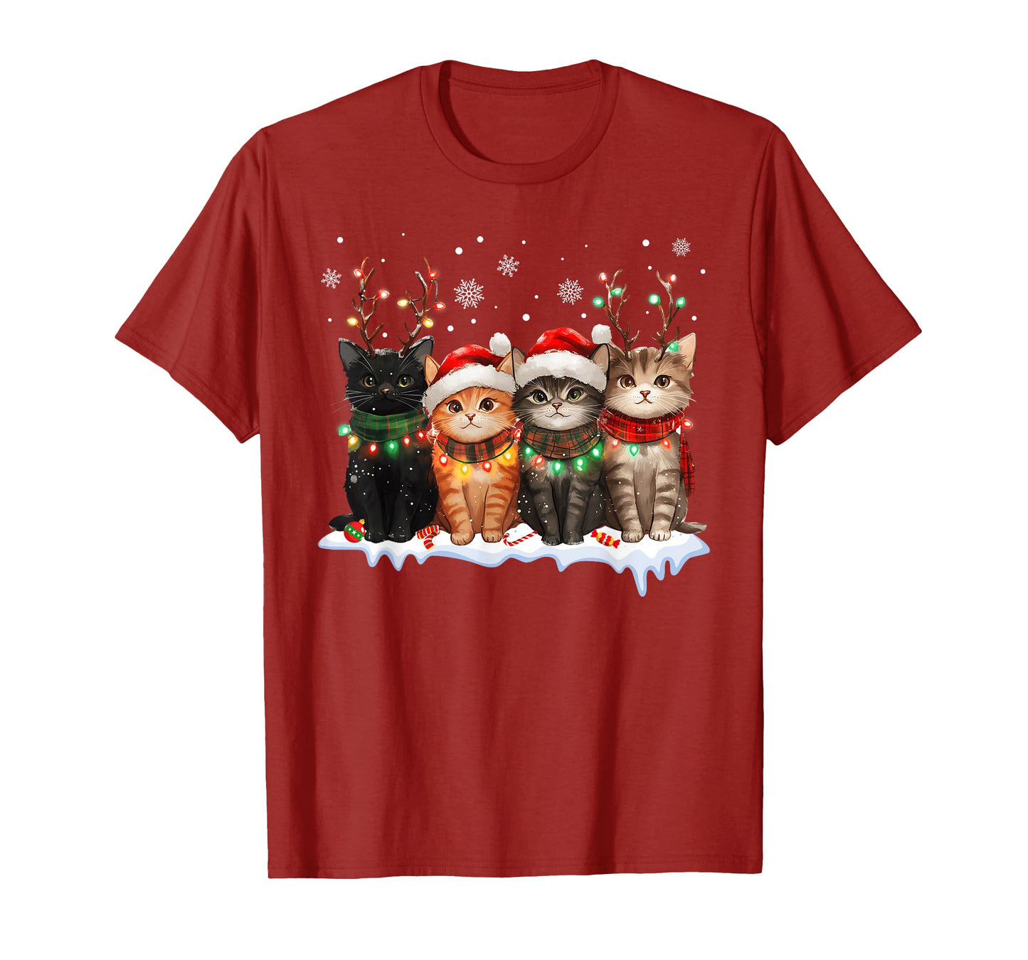 Cat Christmas Light Reindeer Santa Christmas Cat Lover T-Shirt