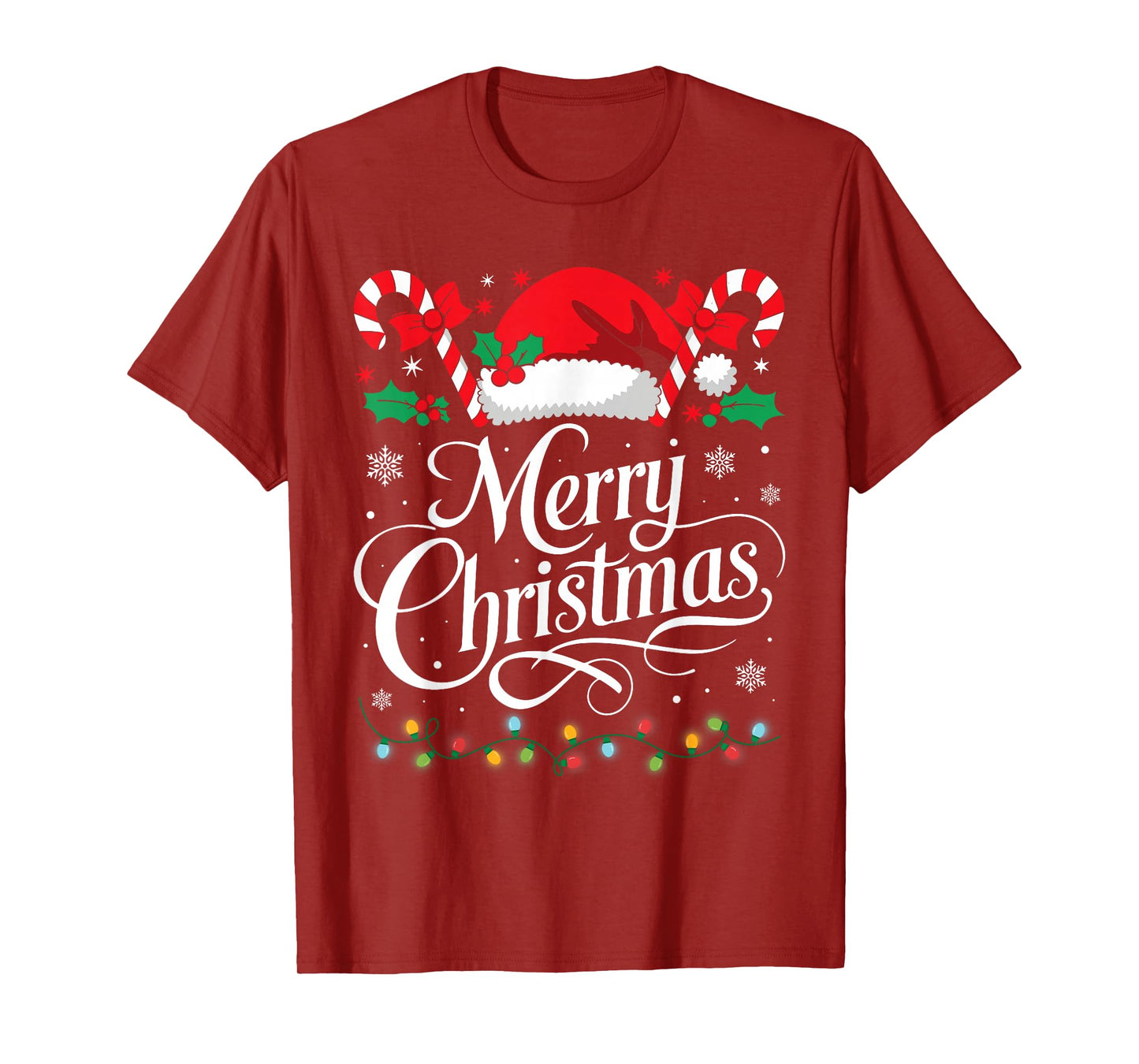 Merry Christmas Lights Red Santa Hat Xmas Family Men Women T-Shirt
