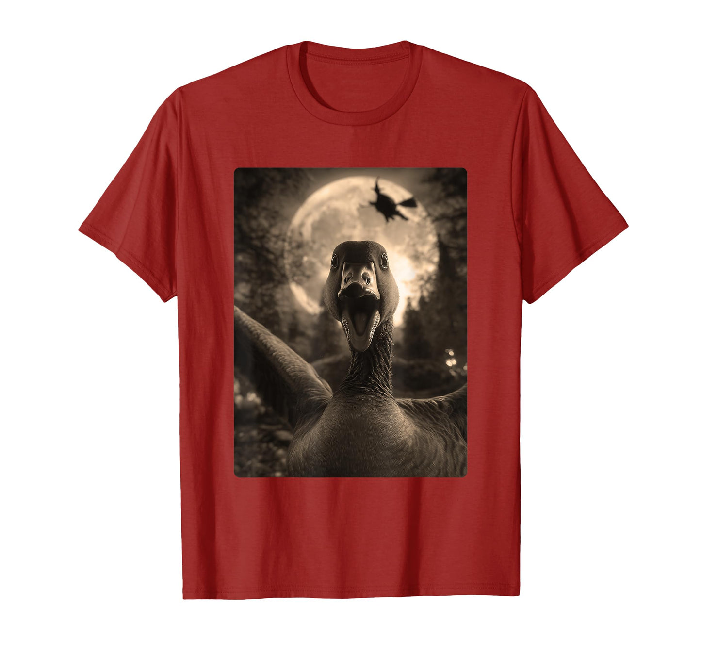 Funny Goose Selfie Full Moon Flying Witch Forest Halloween T-Shirt