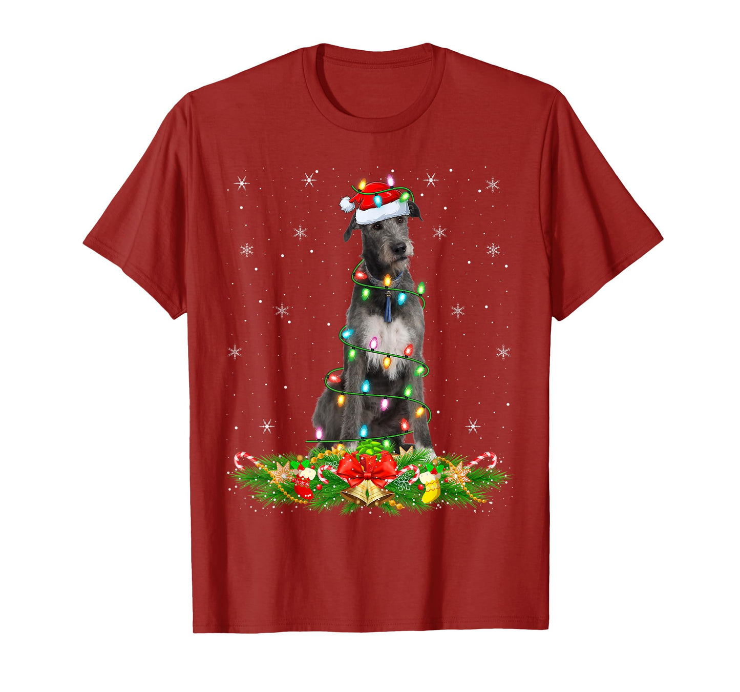 Irish Wolfhound Dog Christmas Lights Funny Santa Hat Xmas T-Shirt