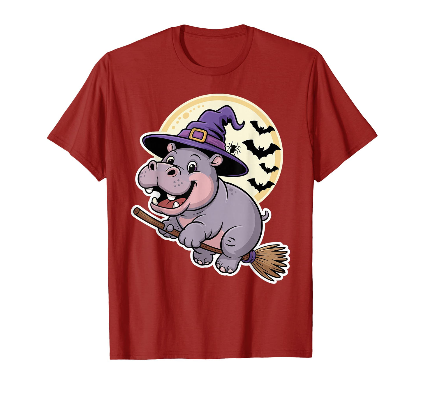 Spooky Cute Hippo Witch Riding Broom Halloween Moon T-Shirt