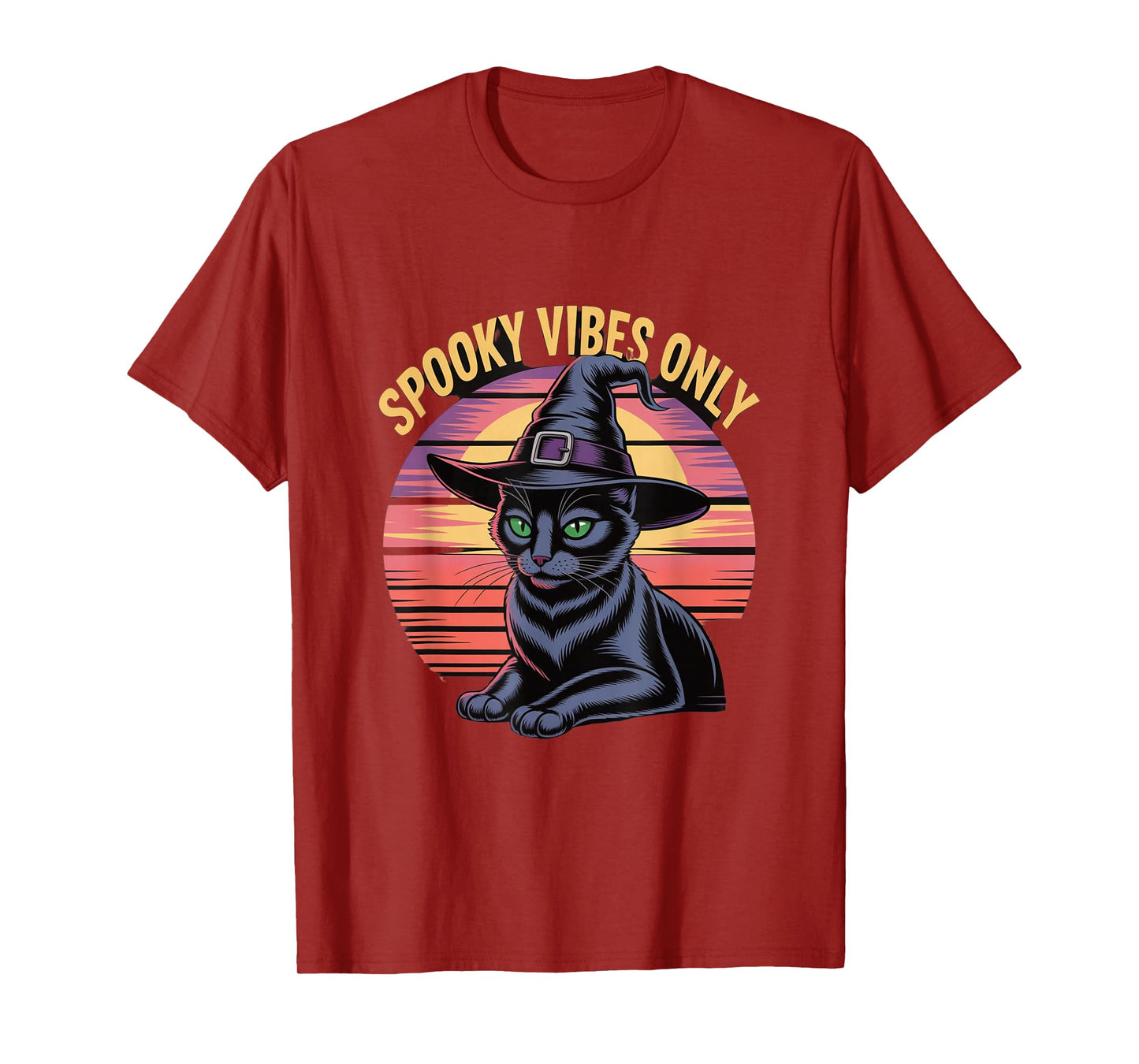 Spooky Vibes Only Cat Witch Hat Sunset Halloween T-Shirt