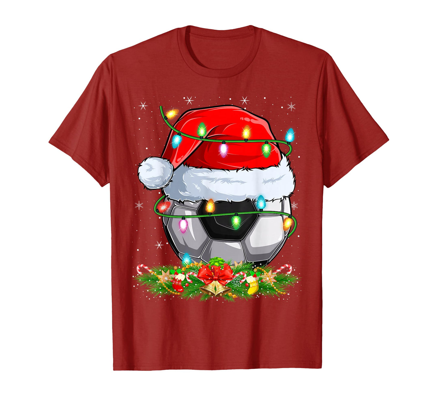 Soccer Ball Christmas Lights Funny Santa Soccer Player Xmas T-Shirt