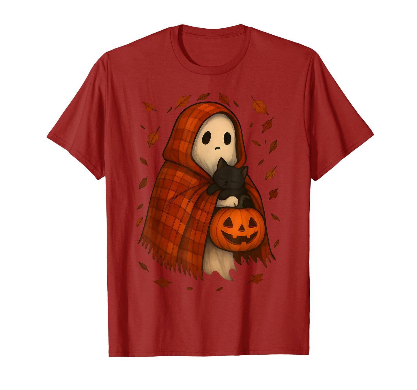 Vintage Halloween Ghost Holding Black Cat Groovy Floral T-Shirt
