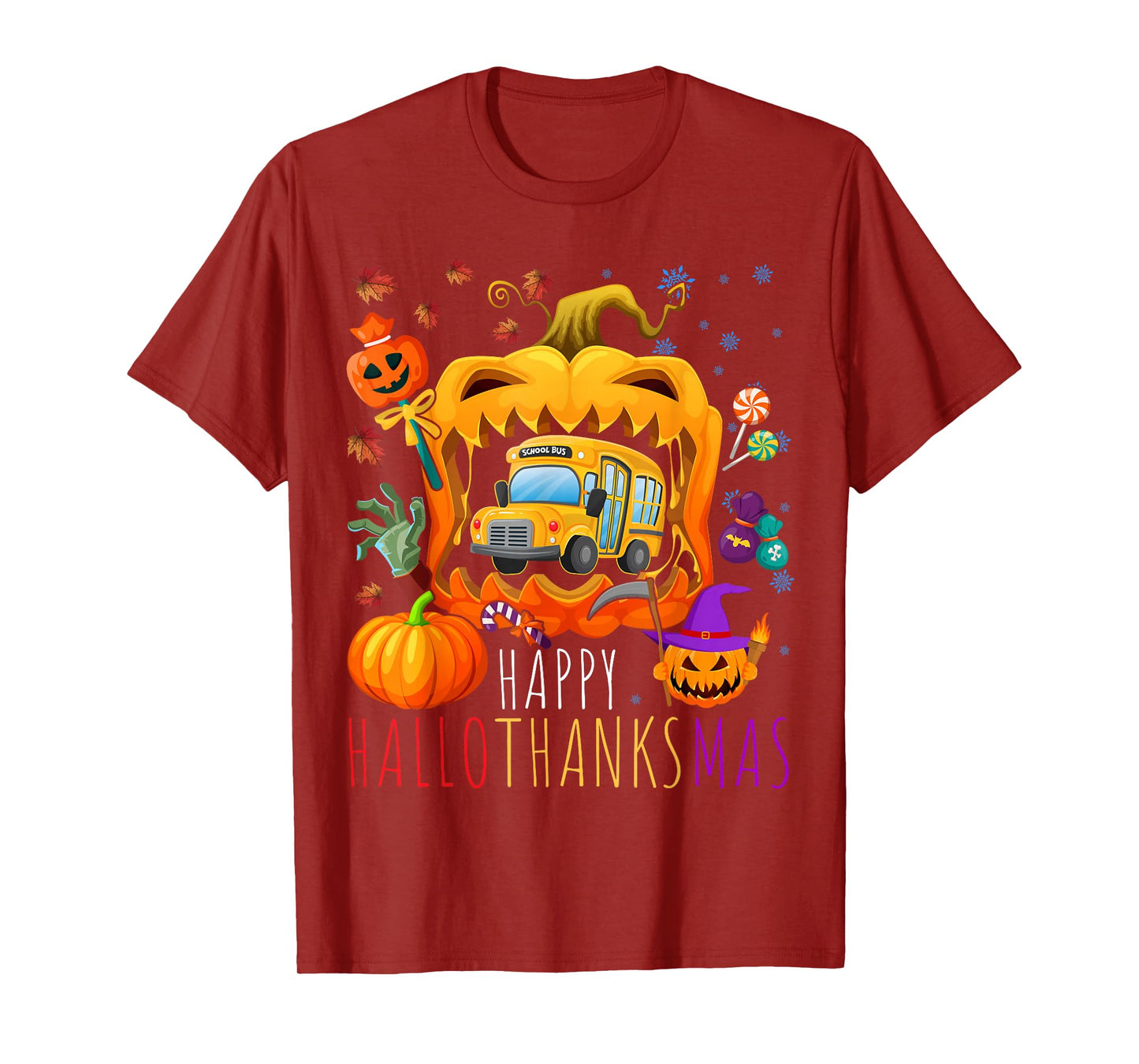 Happy Hallothanksmas School Bus Halloween Thanksgiving Xmas T-Shirt